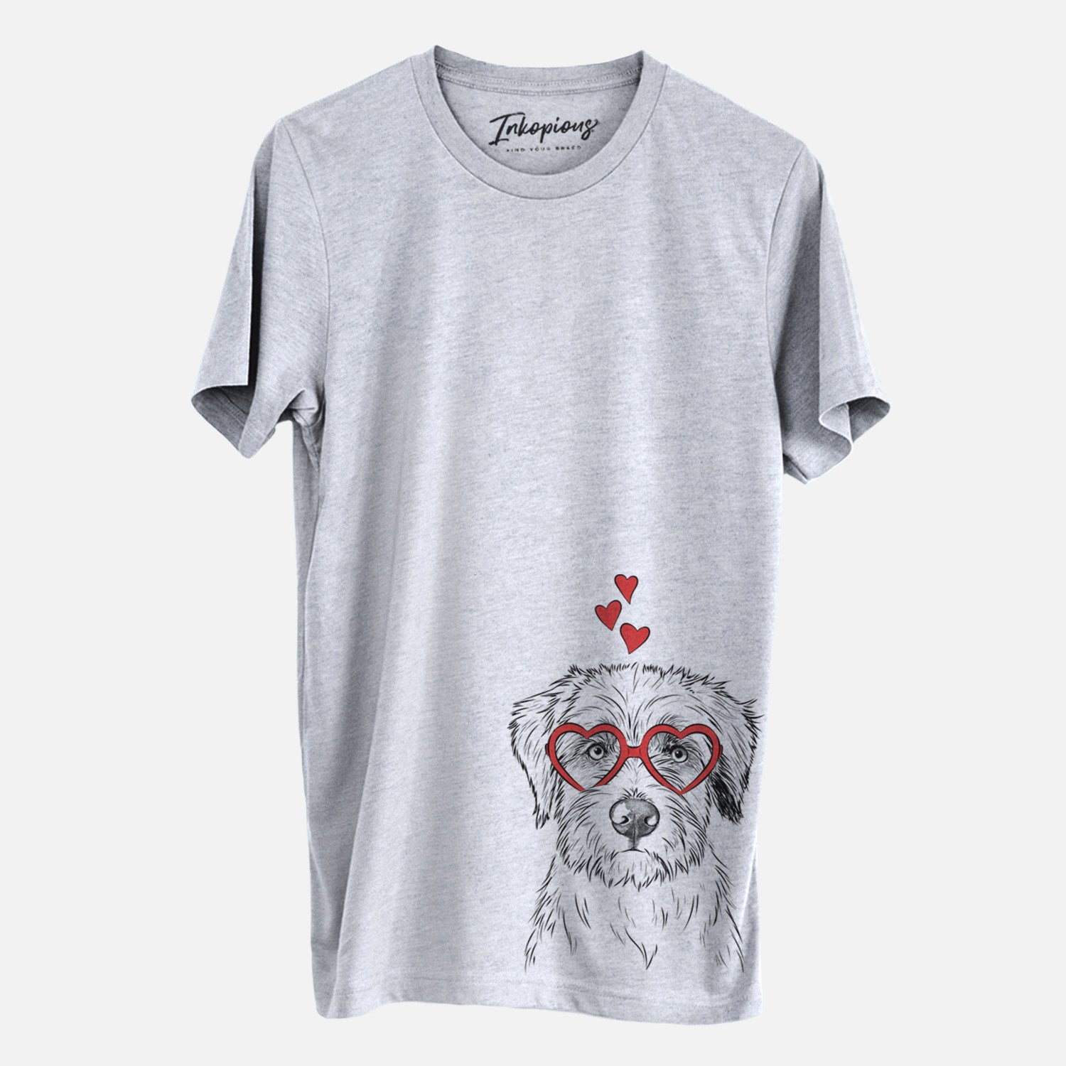 Hand-drawn sketch of Marek the Bernedoodle wearing heart-shaped glasses on a Grey Unisex crewneck