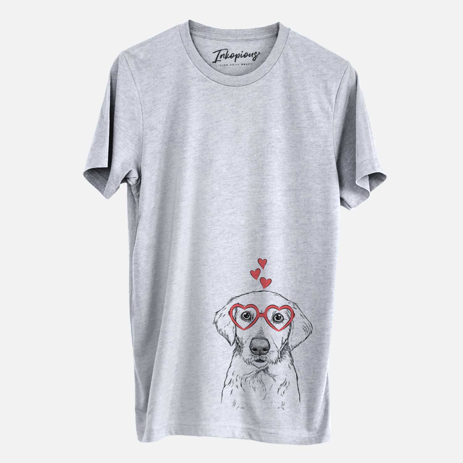 Hand-drawn sketch of Marley Sue the Labradoodle wearing heart-shaped glasses on a Grey Unisex crewneck