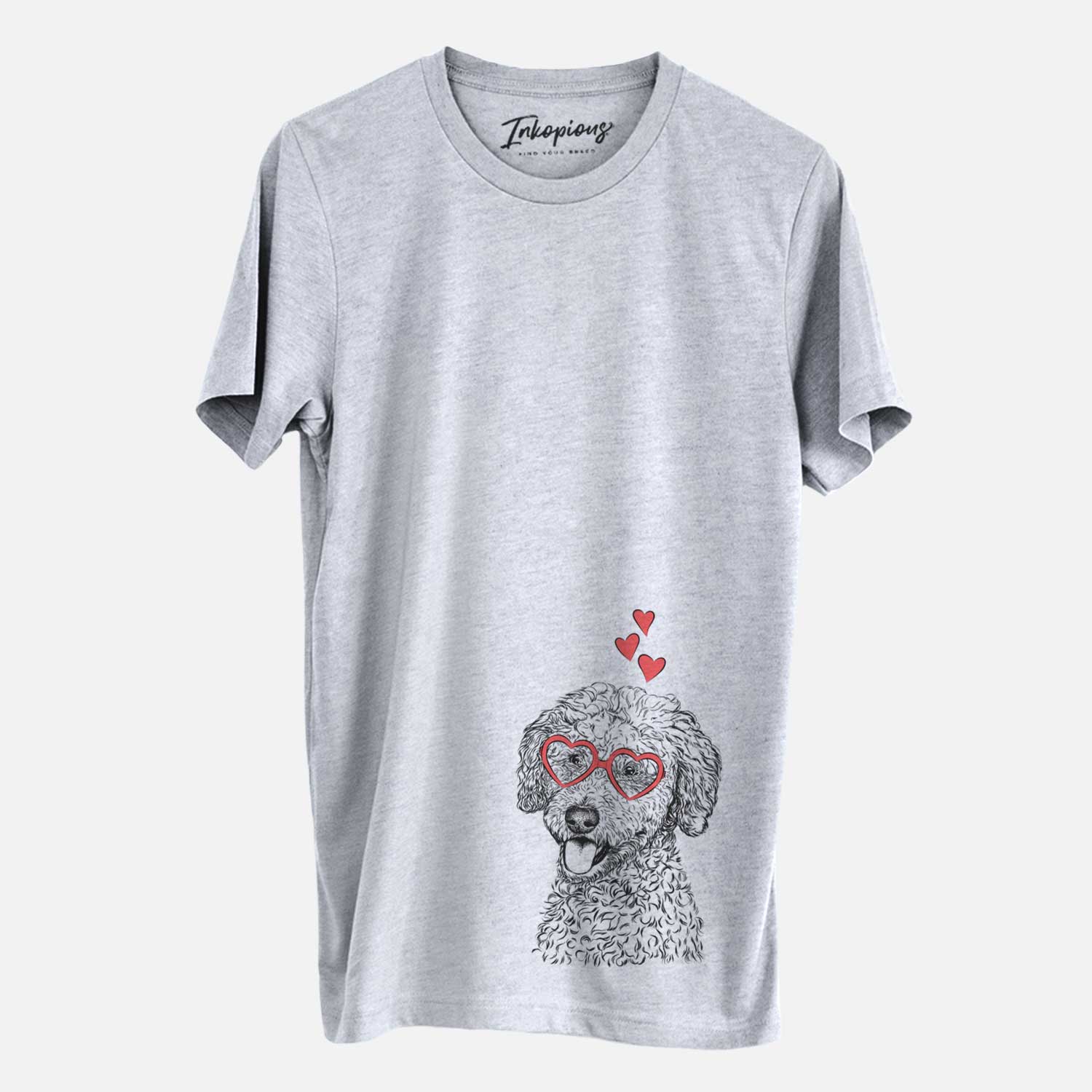 Hand-drawn sketch of Marlow the Goldendoodle wearing heart-shaped glasses on a Grey Unisex crewneck