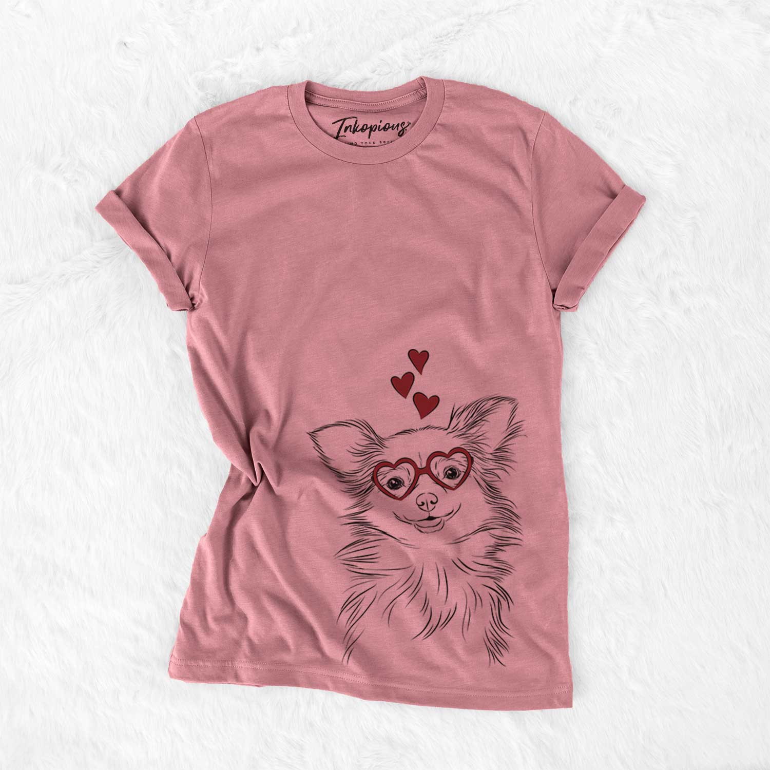 Hand-drawn sketch of Marzi the Long Haired Chihuahua wearing heart-shaped glasses on a Mauve Bella Canvas Unisex Crewneck