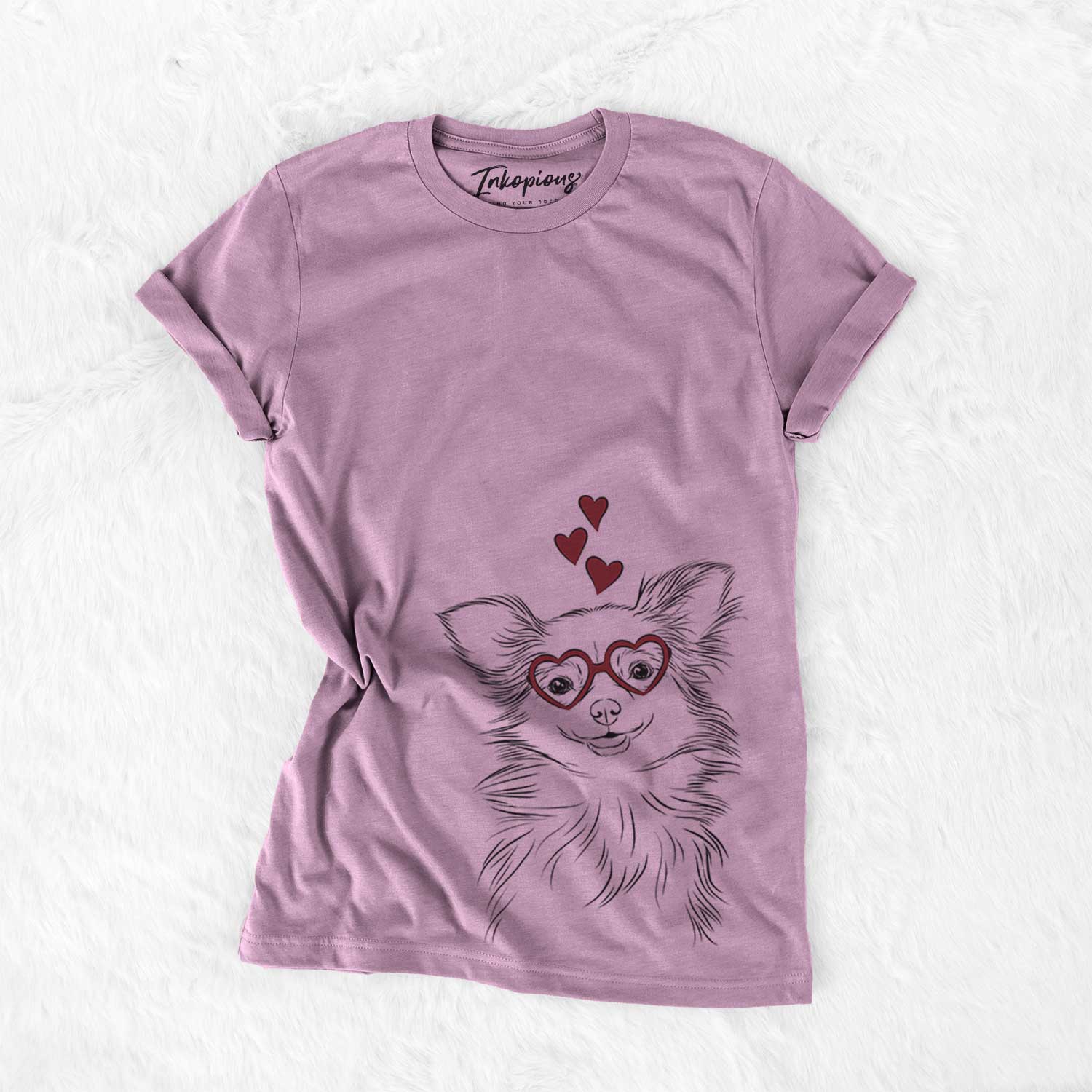 Hand-drawn sketch of Marzi the Long Haired Chihuahua wearing heart-shaped glasses on an Orchid Bella Canvas Unisex Crewneck