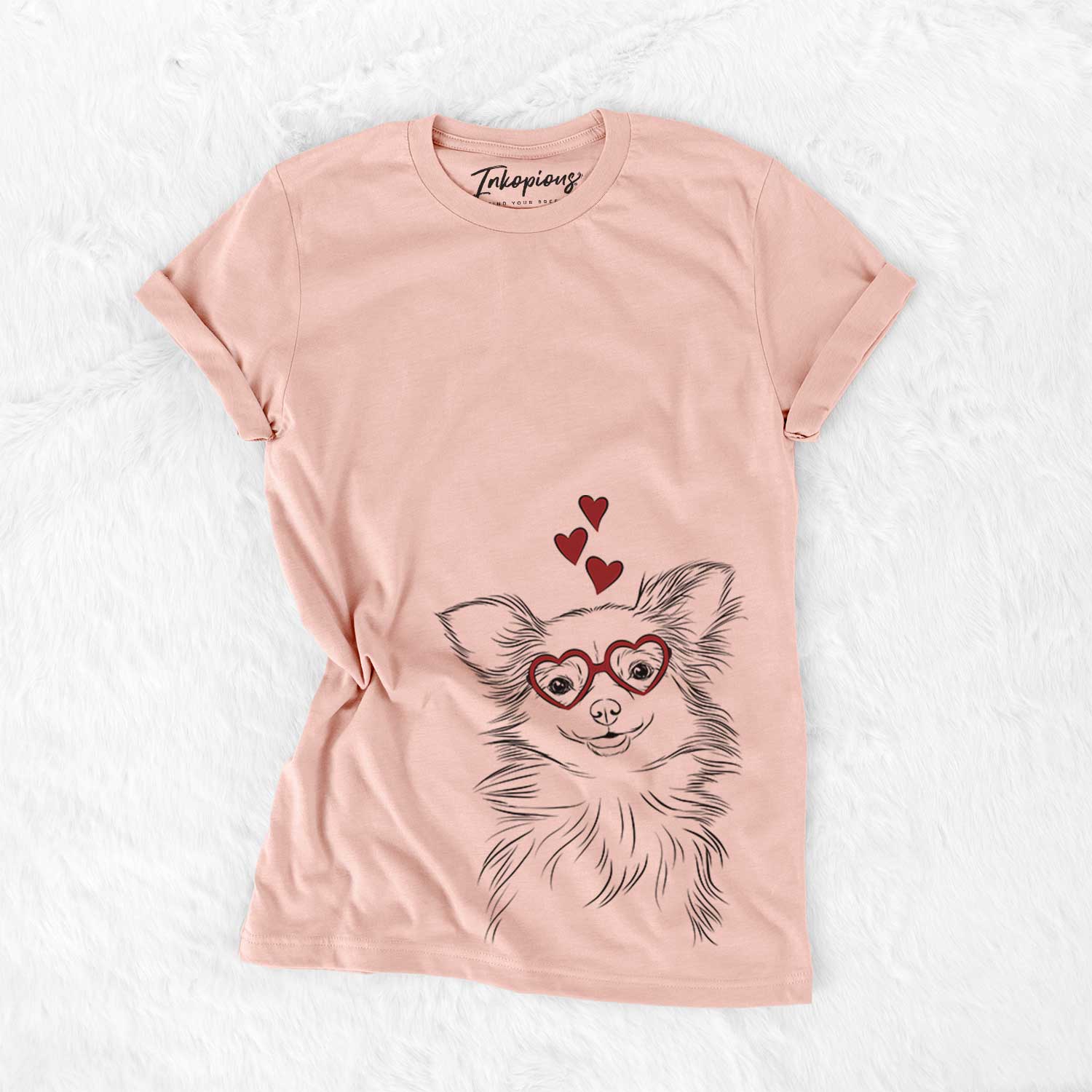 Hand-drawn sketch of Marzi the Long Haired Chihuahua wearing heart-shaped glasses on a Peach Bella Canvas Unisex Crewneck
