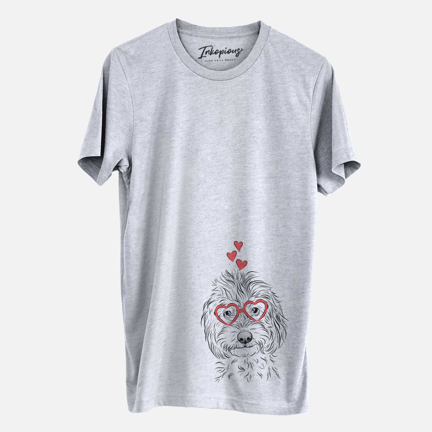 Hand-drawn sketch of Mason the Cavapoo wearing heart-shaped glasses on a Grey Unisex crewneck