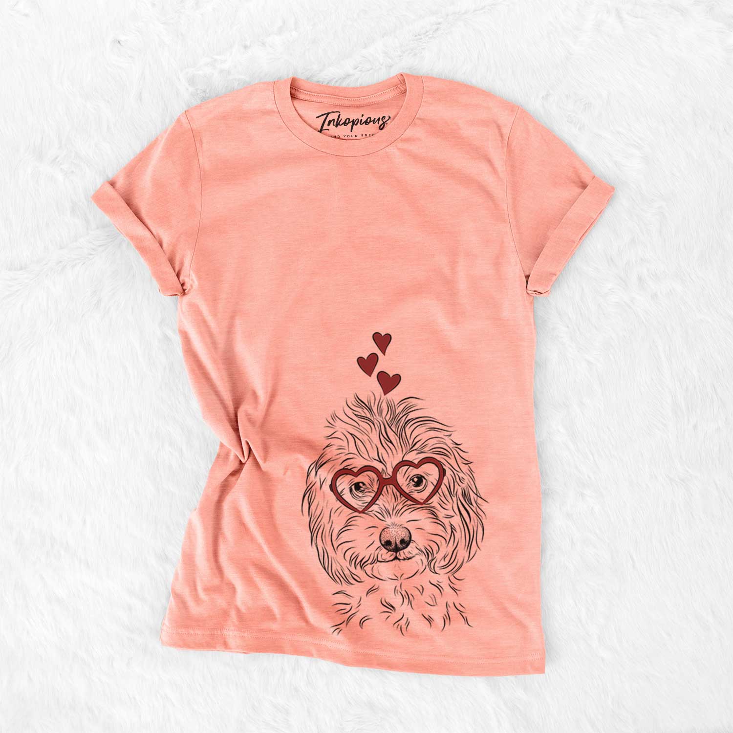 Hand-drawn sketch of Mason the Cavapoo wearing heart-shaped glasses on a Sunset Bella Canvas Unisex Crewneck