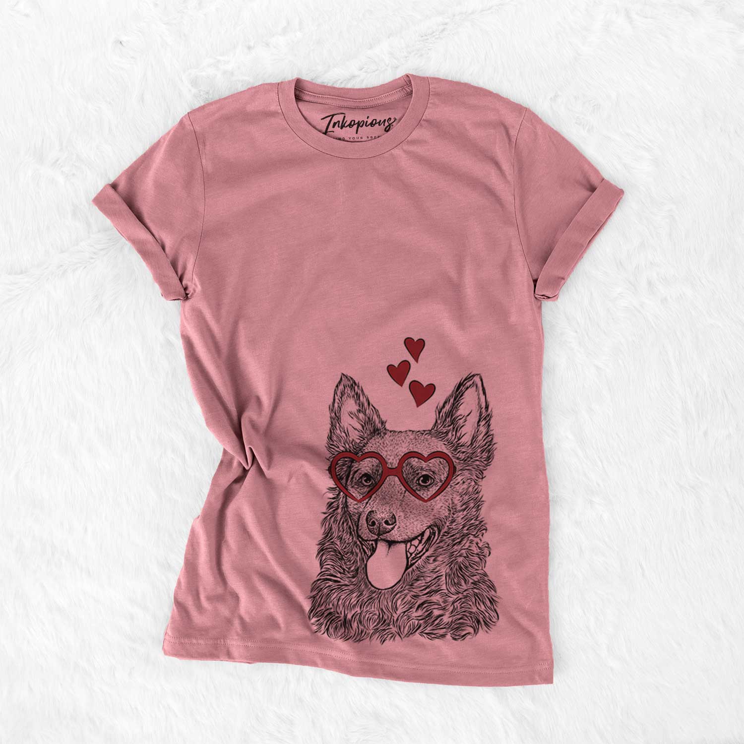 Hand-drawn sketch of Maximo the Mudi wearing heart-shaped glasses on a Mauve Bella Canvas Unisex Crewneck
