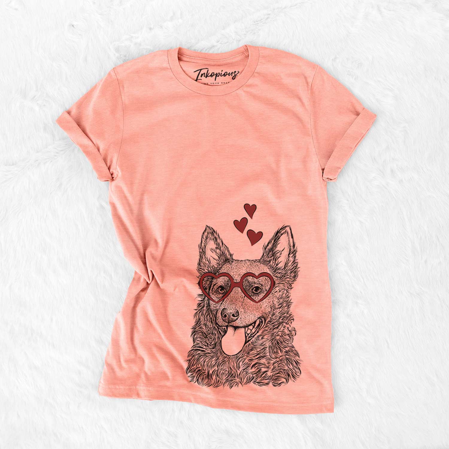 Hand-drawn sketch of Maximo the Mudi wearing heart-shaped glasses on a Sunset Bella Canvas Unisex Crewneck