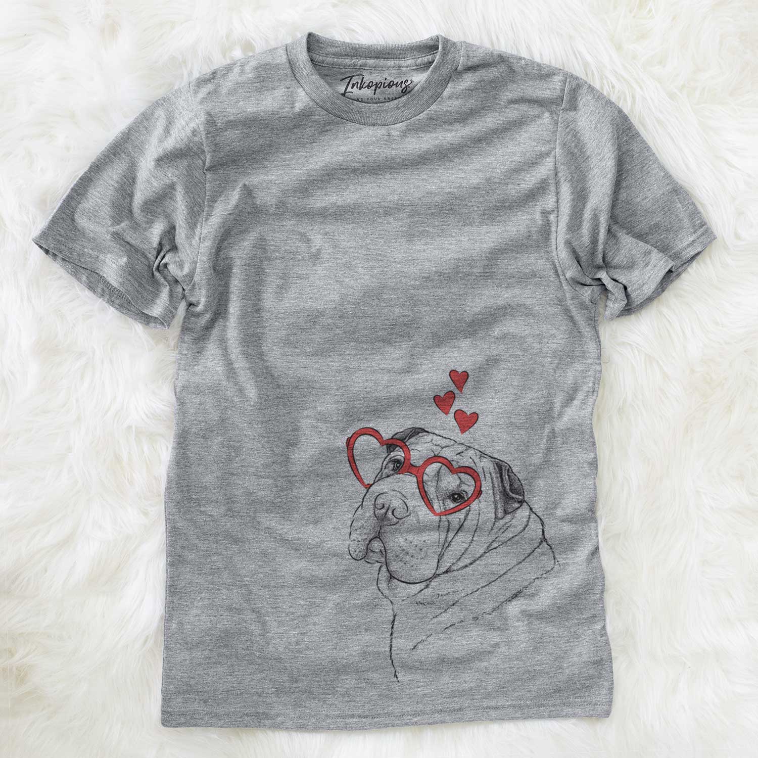 Hand-drawn sketch of Maximus the Shar Pei wearing heart-shaped glasses on a Grey Unisex crewneck