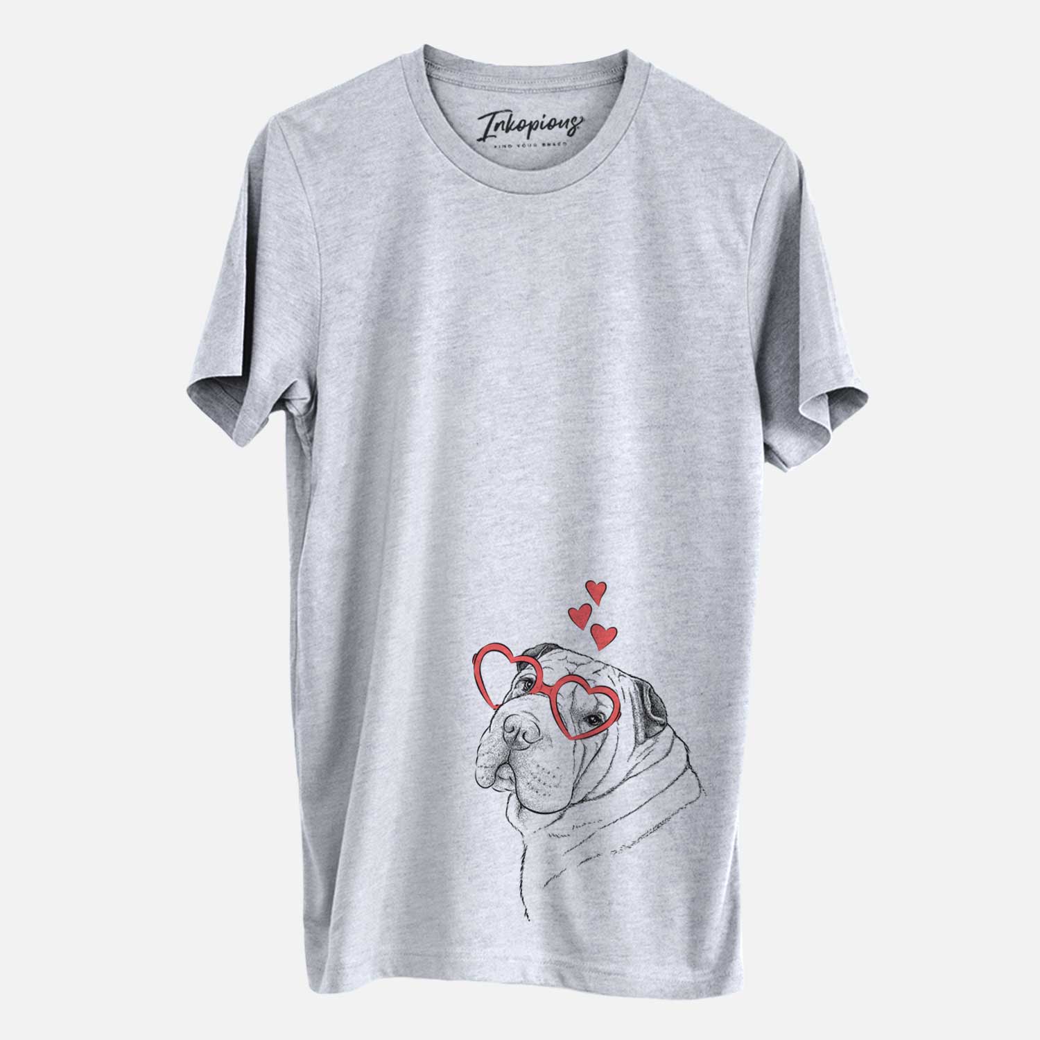 Hand-drawn sketch of Maximus the Shar Pei wearing heart-shaped glasses on a Grey Unisex crewneck