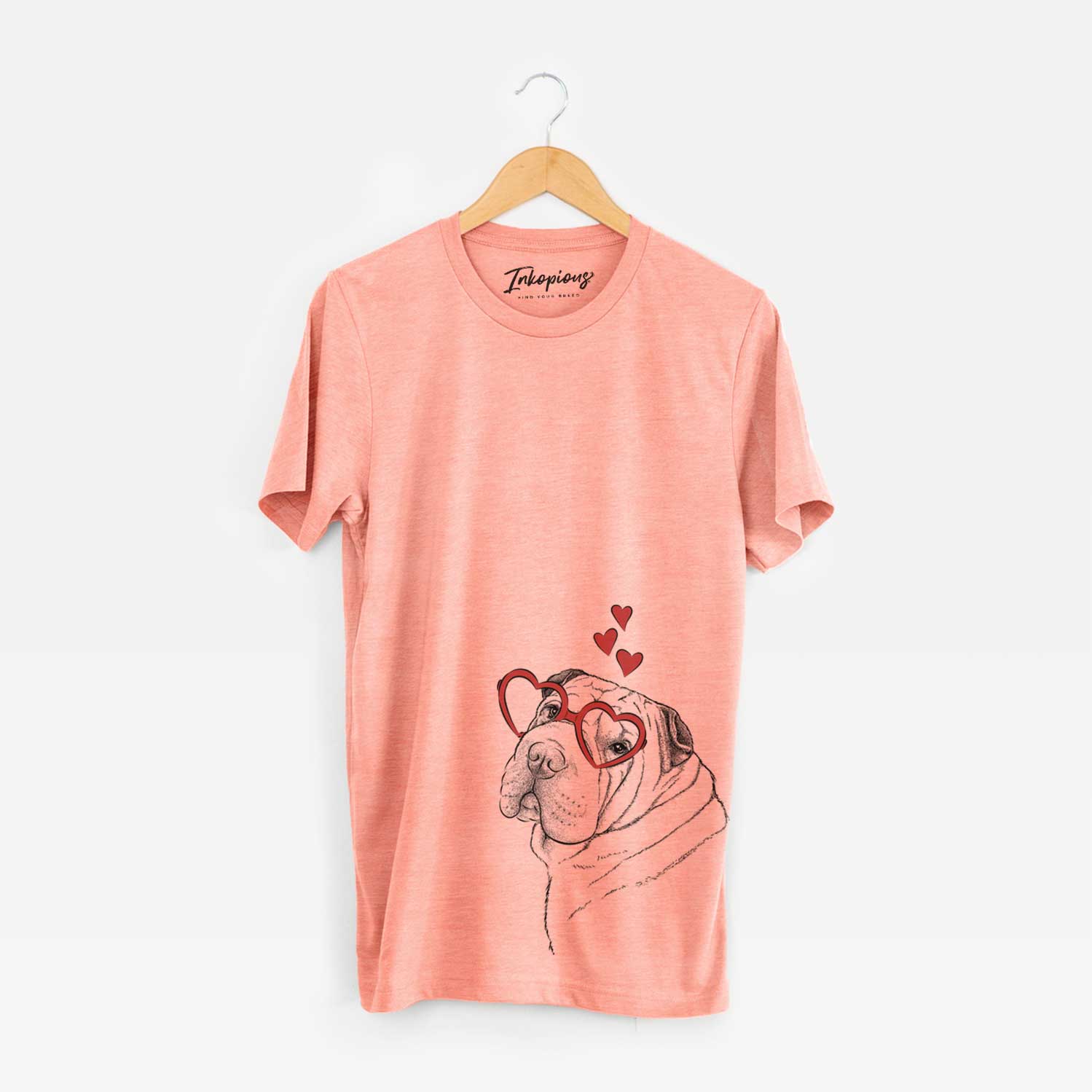 Hand-drawn sketch of Maximus the Shar Pei wearing heart-shaped glasses on a Sunset Unisex crewneck