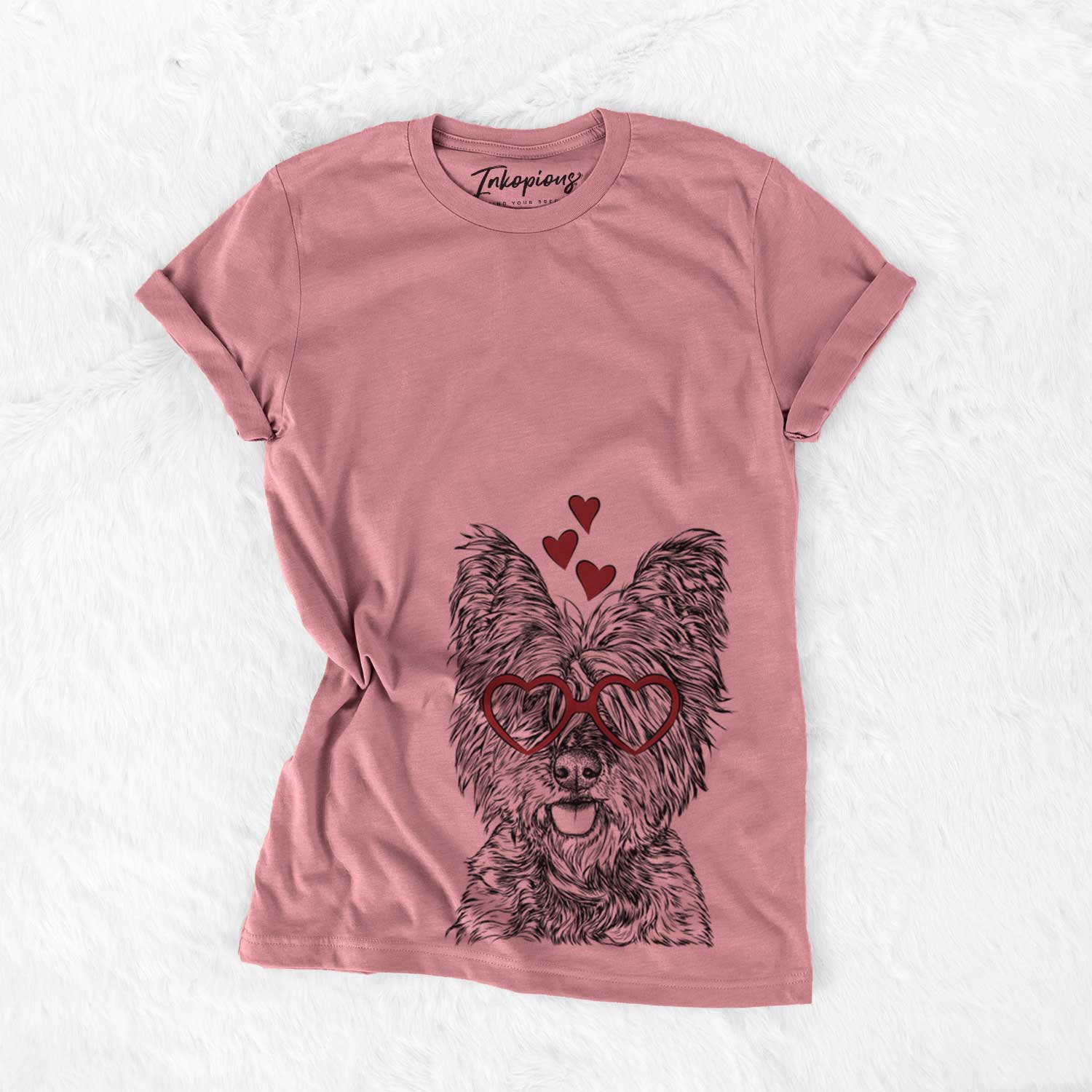 Hand-drawn sketch of McDuff the Cairn Terrier wearing heart-shaped glasses on a Mauve Bella Canvas Unisex Crewneck