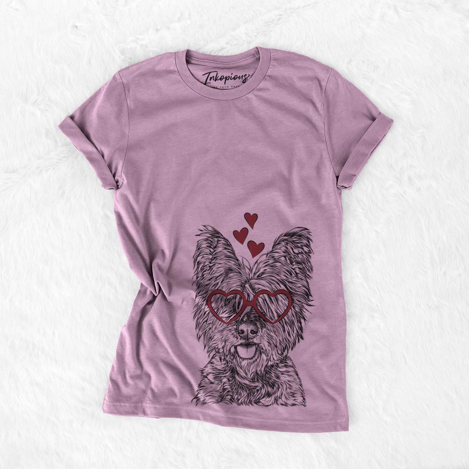 Hand-drawn sketch of McDuff the Cairn Terrier wearing heart-shaped glasses on an Orchid Bella Canvas Unisex Crewneck