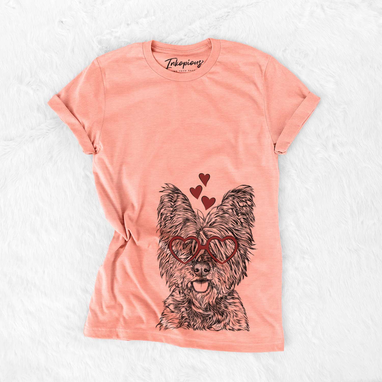 Hand-drawn sketch of McDuff the Cairn Terrier wearing heart-shaped glasses on a Sunset Bella Canvas Unisex Crewneck