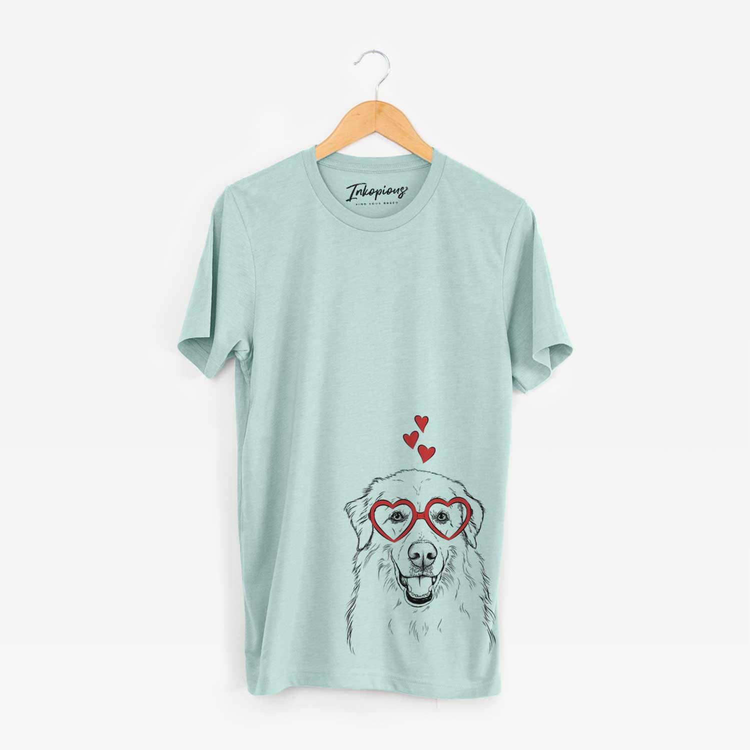 Hand-drawn sketch of Meg the Great Pyrenees wearing heart-shaped glasses on a Heather Sage Unisex crewneck