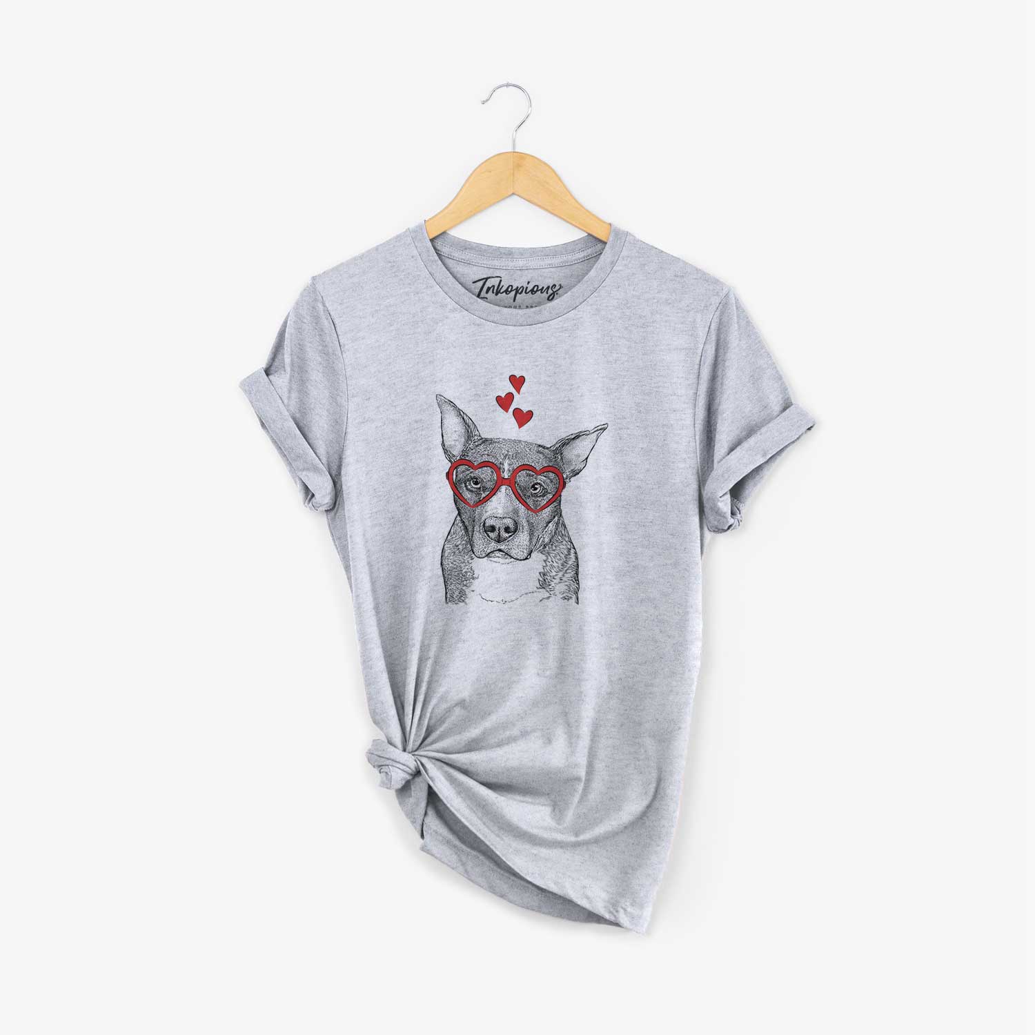Hand-drawn sketch of Mercy the Pitbull wearing heart-shaped glasses on a Grey Unisex crewneck