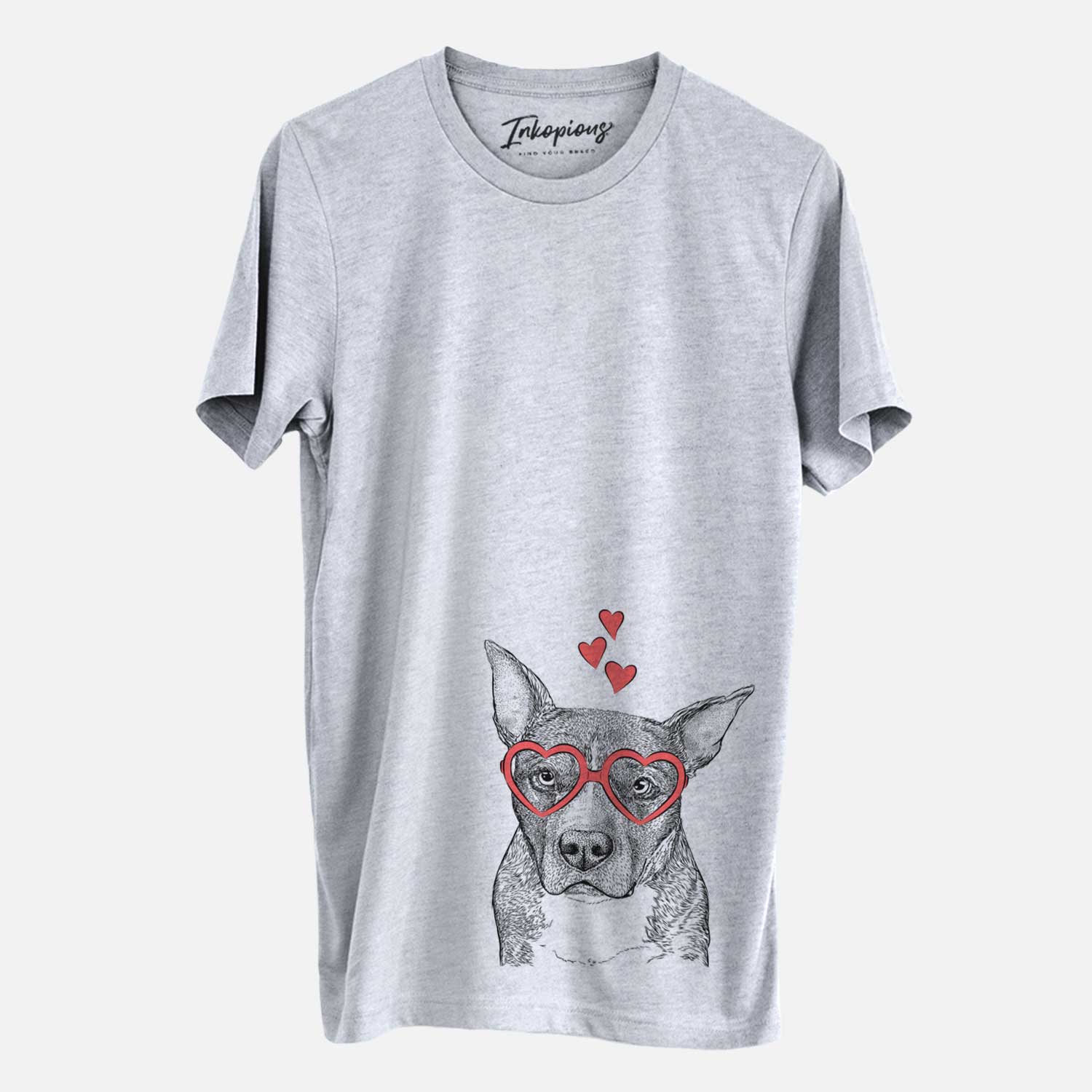 Hand-drawn sketch of Mercy the Pitbull wearing heart-shaped glasses on a Grey Unisex crewneck
