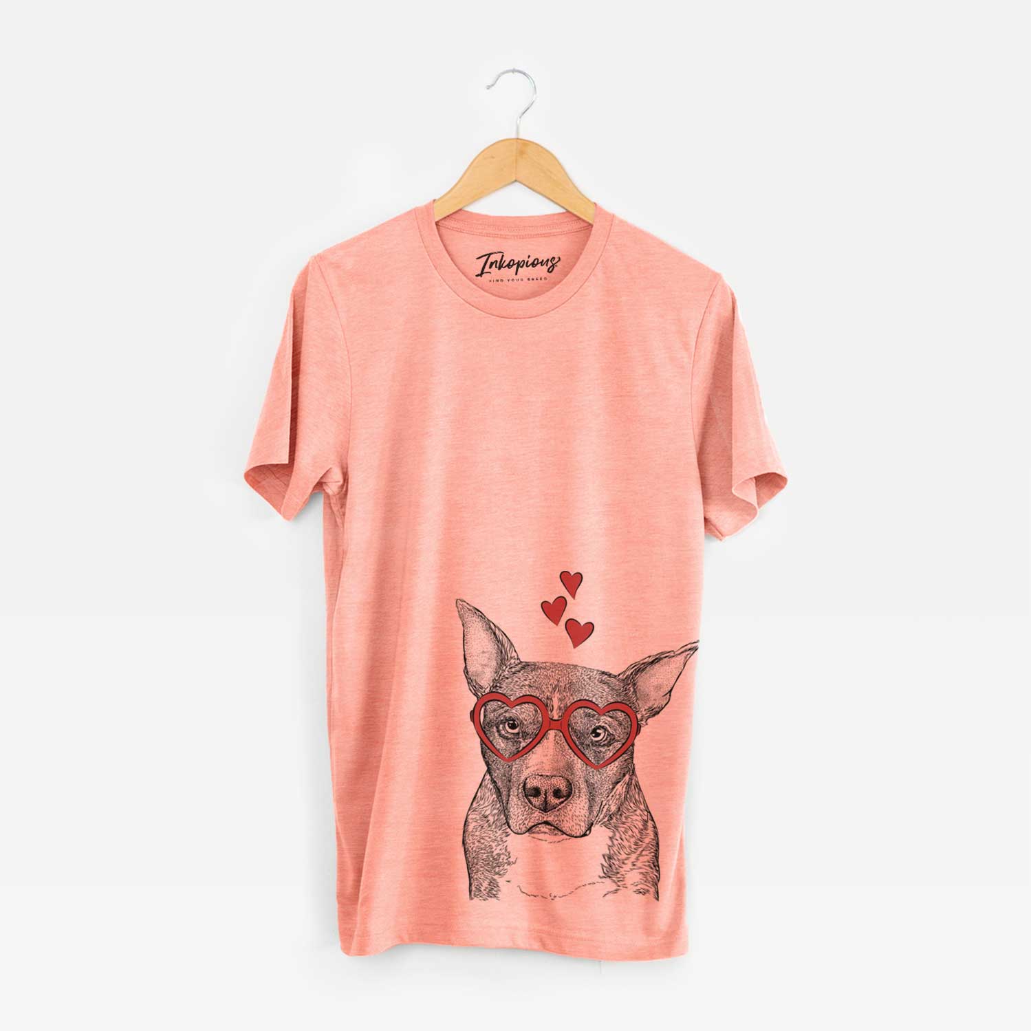 Hand-drawn sketch of Mercy the Pitbull wearing heart-shaped glasses on a Sunset Unisex crewneck