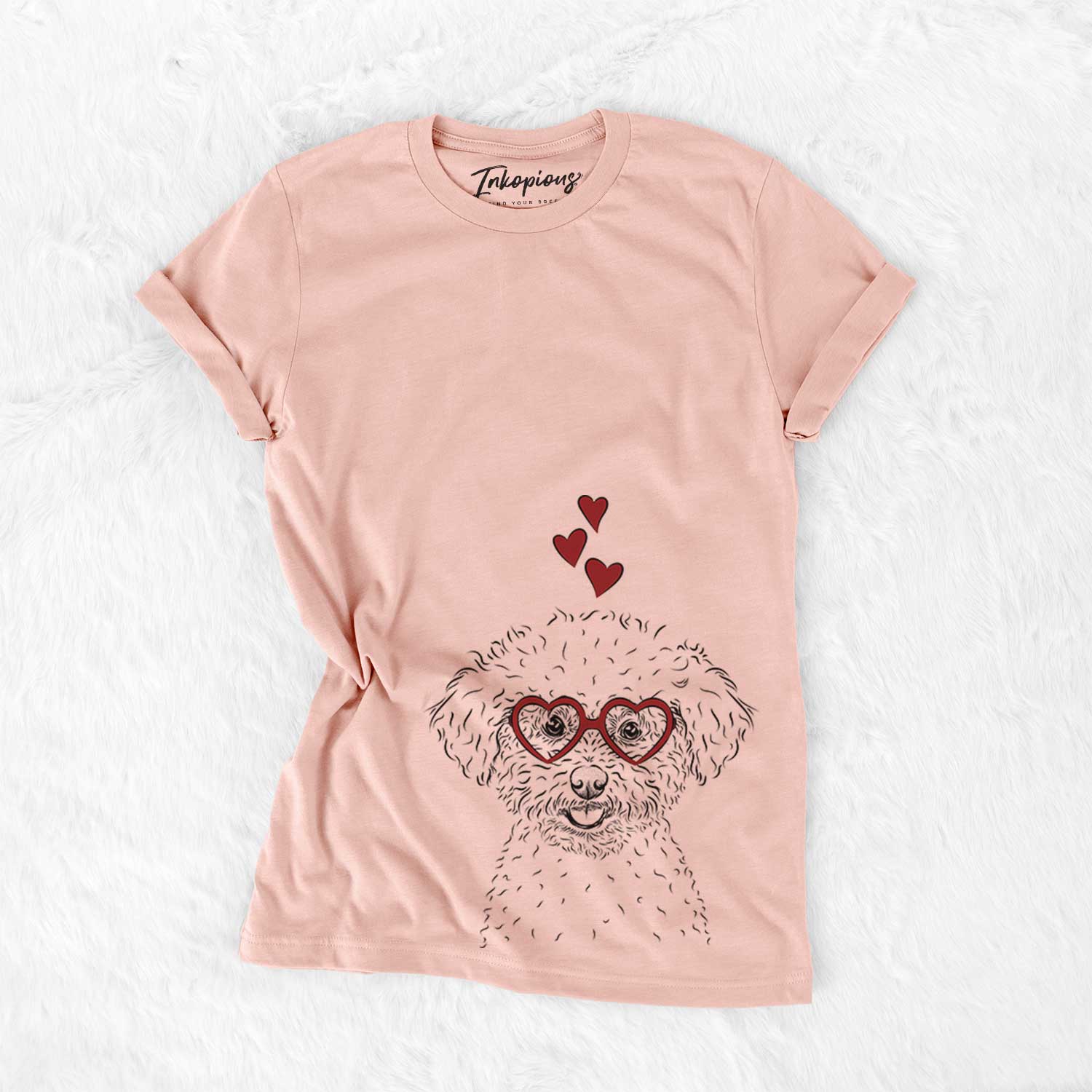 Hand-drawn sketch of Mickey the Bichon Frise wearing heart-shaped glasses on a Peach Bella Canvas Unisex Crewneck