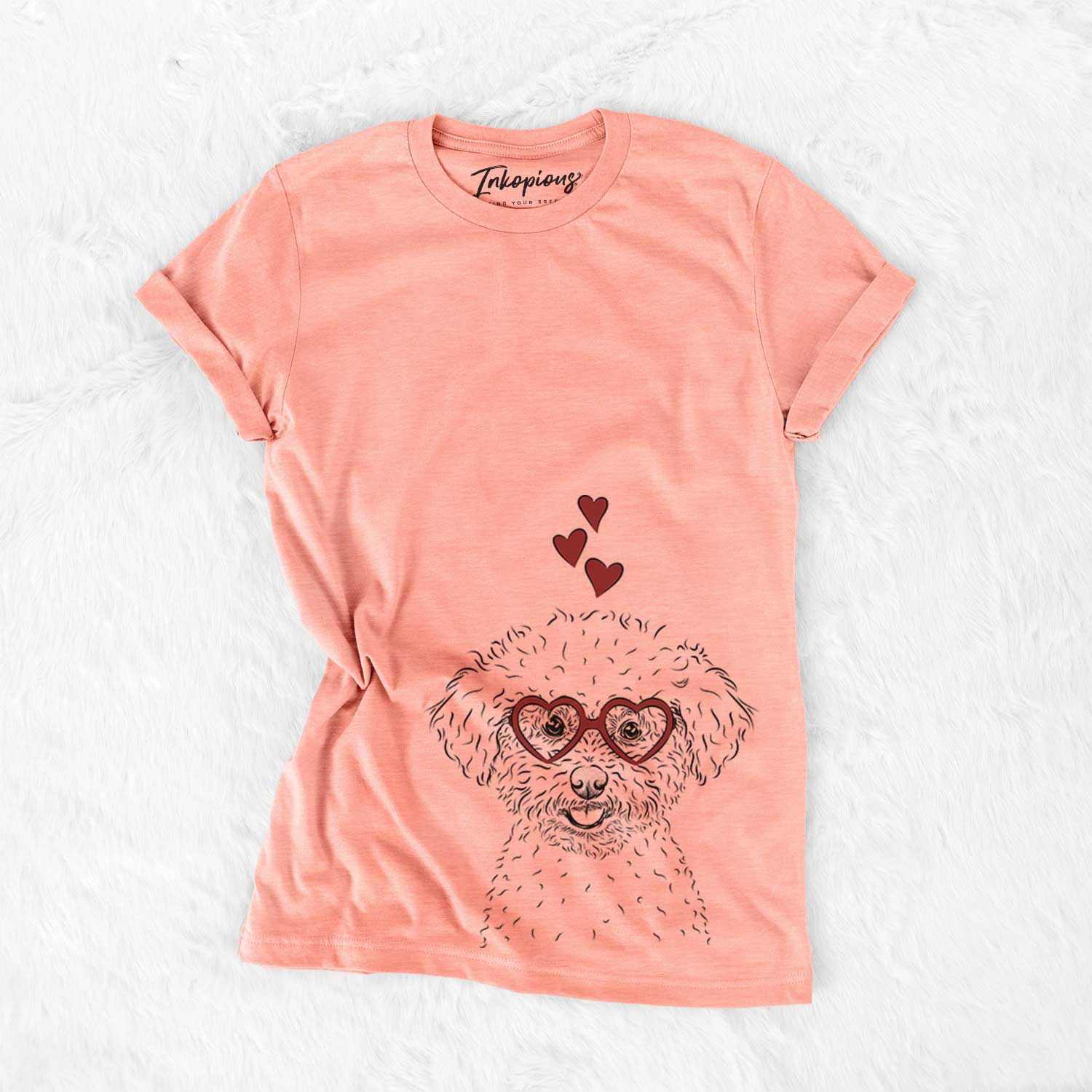 Hand-drawn sketch of Mickey the Bichon Frise wearing heart-shaped glasses on a Sunset Bella Canvas Unisex Crewneck