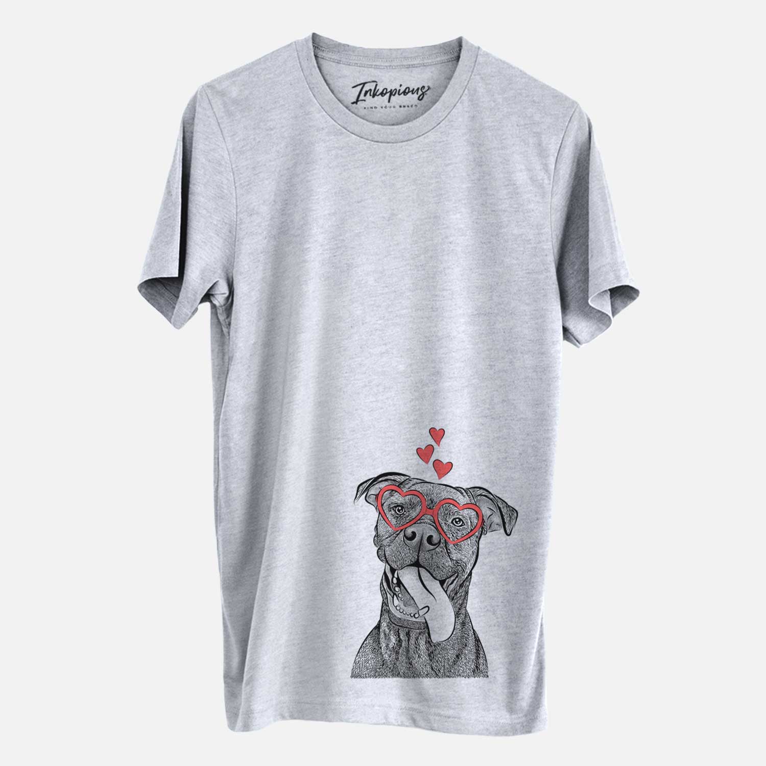 Hand-drawn sketch of Mikey the Boxador wearing heart-shaped glasses on a Grey Unisex crewneck