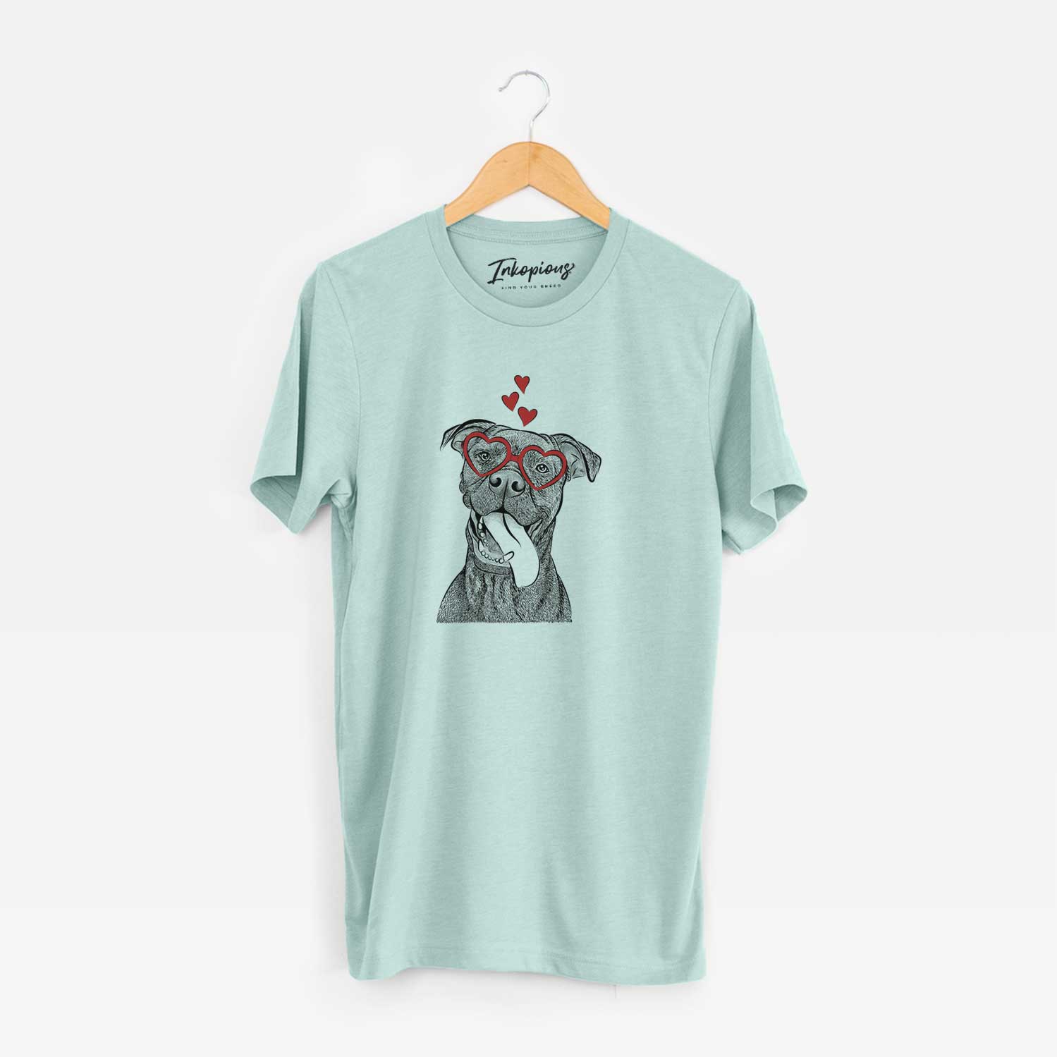 Hand-drawn sketch of Mikey the Boxador wearing heart-shaped glasses on a Heather Sage Unisex crewneck