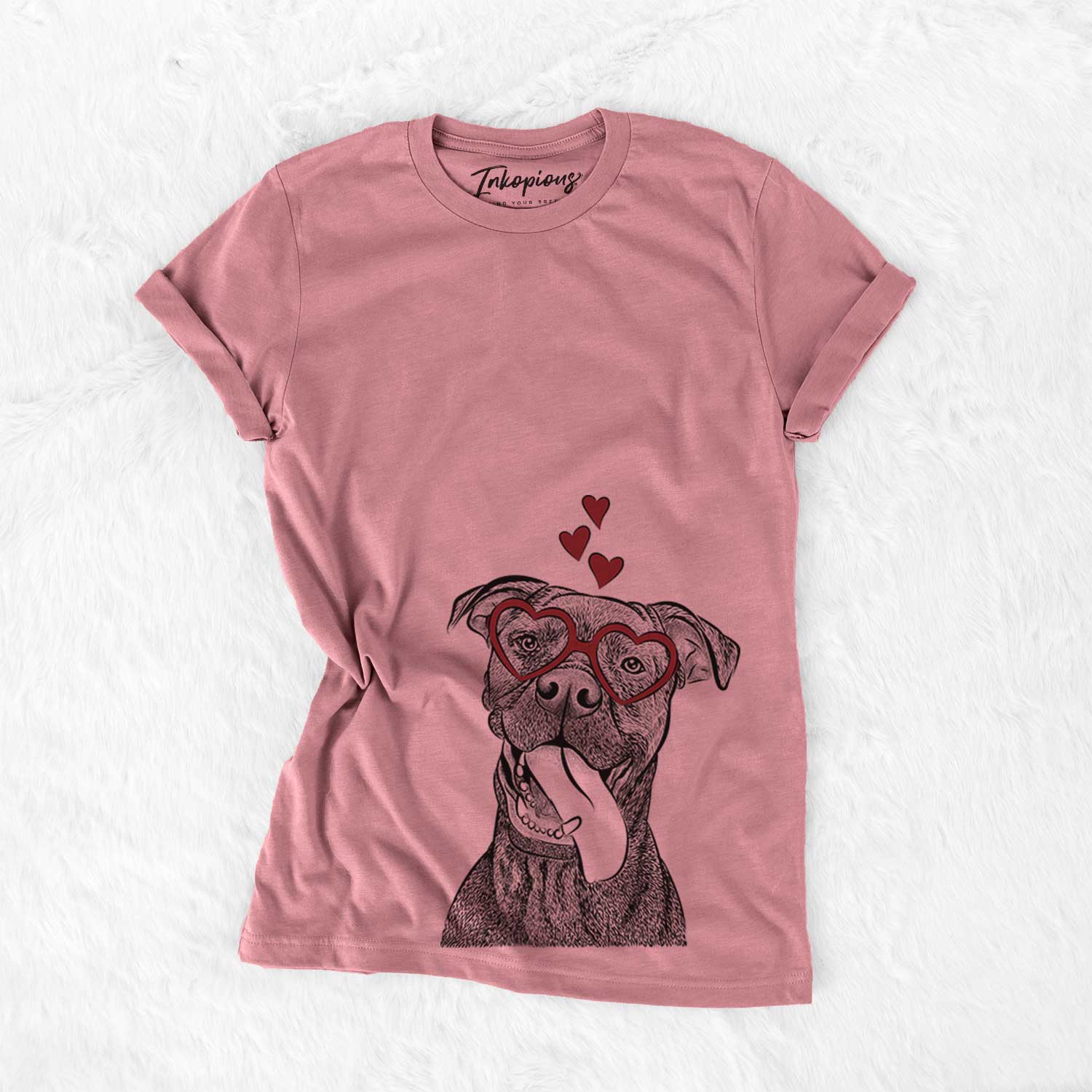 Hand-drawn sketch of Mikey the Boxador wearing heart-shaped glasses on a Mauve Bella Canvas Unisex Crewneck