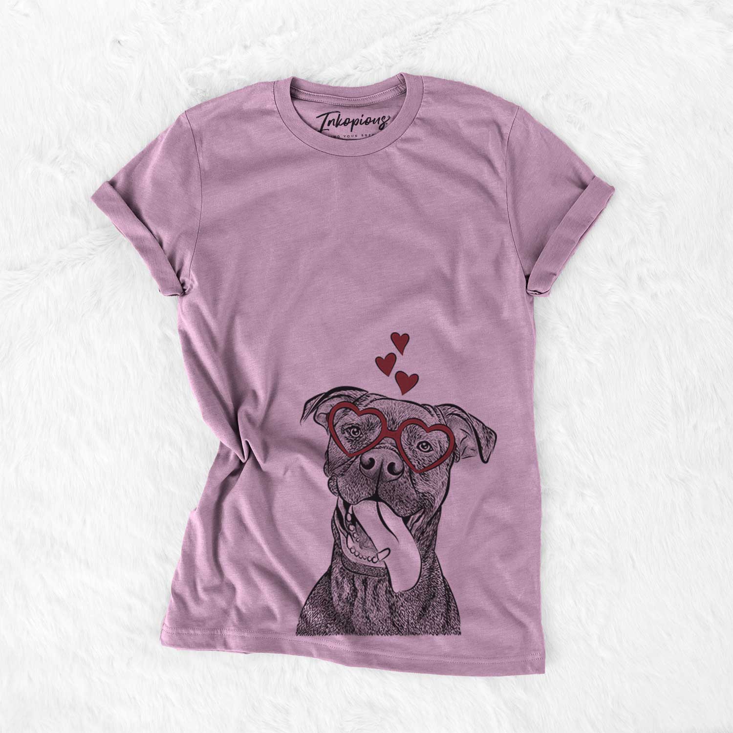 Hand-drawn sketch of Mikey the Boxador wearing heart-shaped glasses on an Orchid Bella Canvas Unisex Crewneck