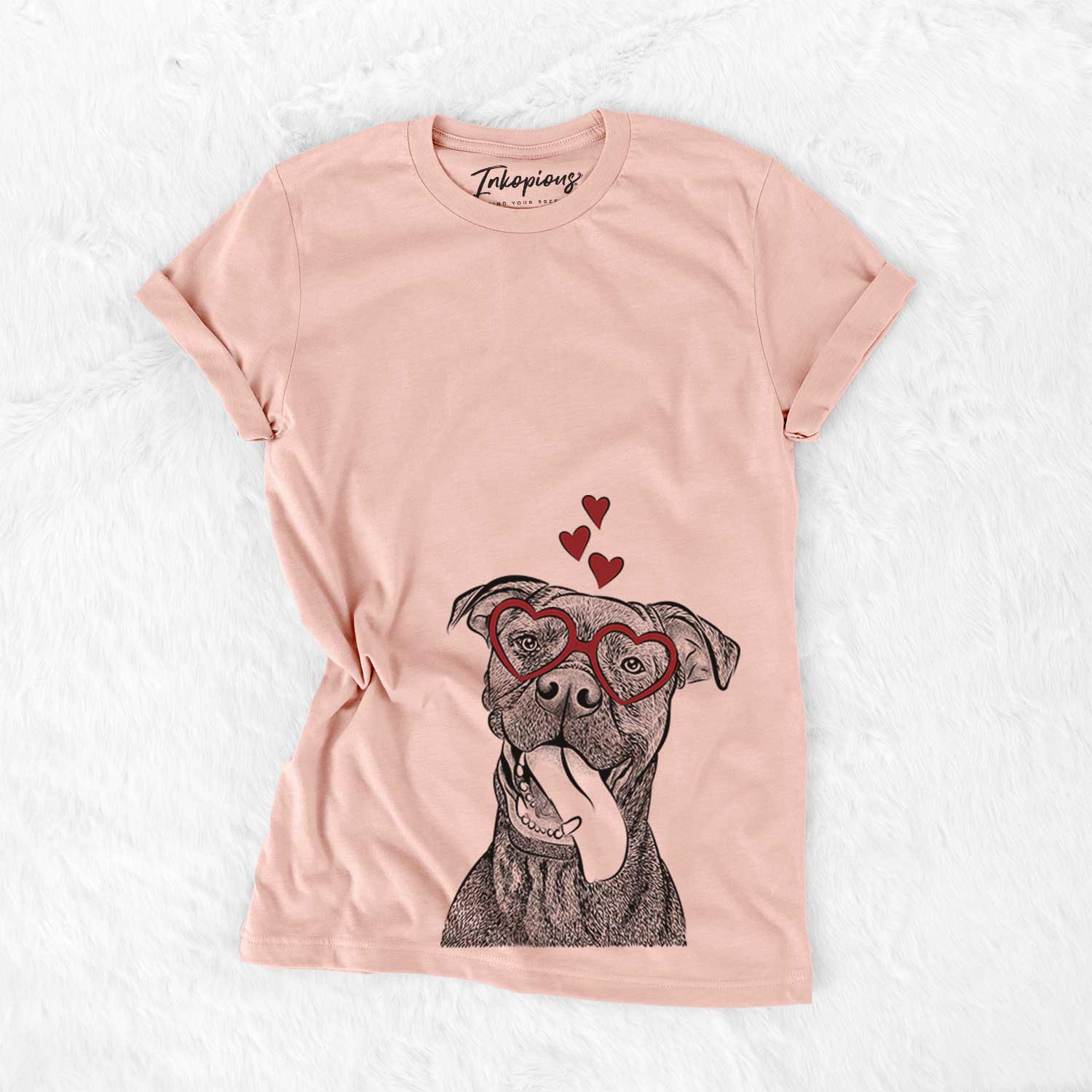 Hand-drawn sketch of Mikey the Boxador wearing heart-shaped glasses on a Peach Bella Canvas Unisex Crewneck