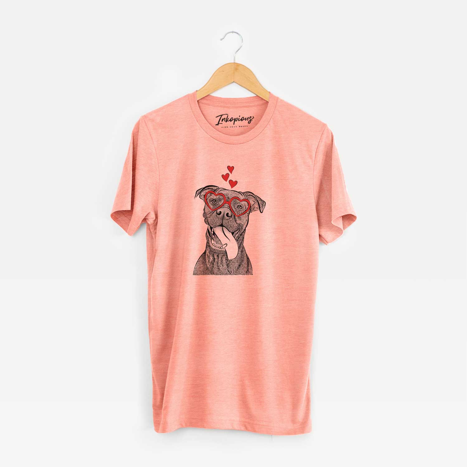 Hand-drawn sketch of Mikey the Boxador wearing heart-shaped glasses on a Sunset Unisex crewneck