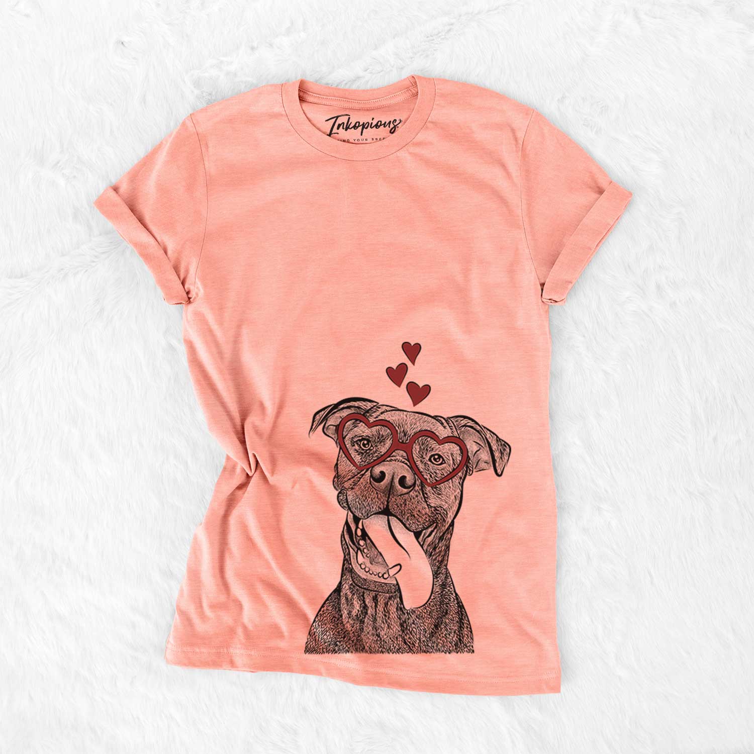Hand-drawn sketch of Mikey the Boxador wearing heart-shaped glasses on a Sunset Bella Canvas Unisex Crewneck