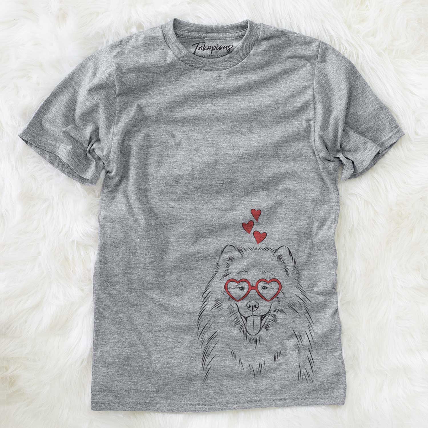 Hand-drawn sketch of Mikko the Samoyed wearing heart-shaped glasses on a Grey Unisex crewneck