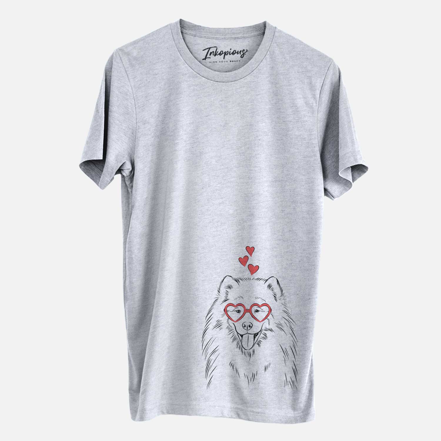 Hand-drawn sketch of Mikko the Samoyed wearing heart-shaped glasses on a Grey Unisex crewneck