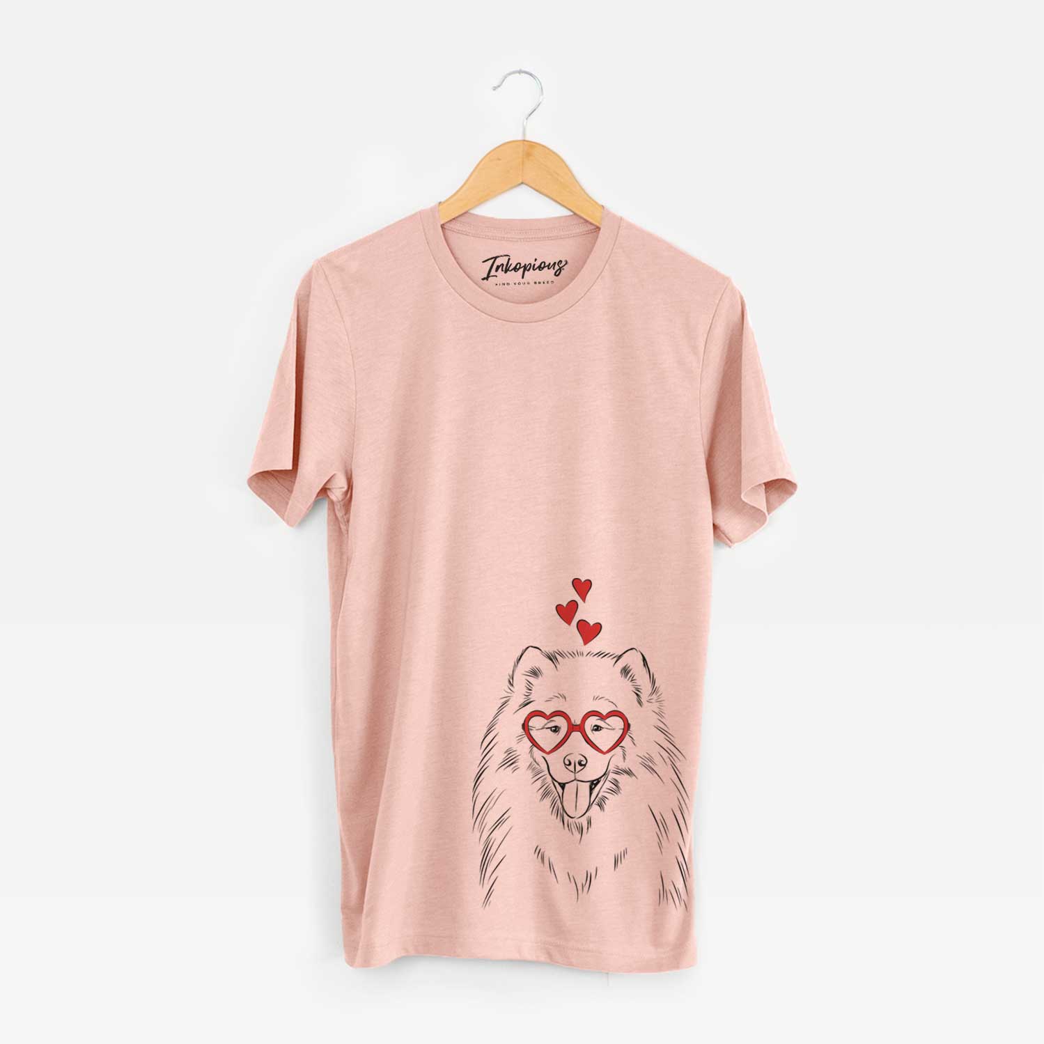 Hand-drawn sketch of Mikko the Samoyed wearing heart-shaped glasses on a Peach Unisex crewneck