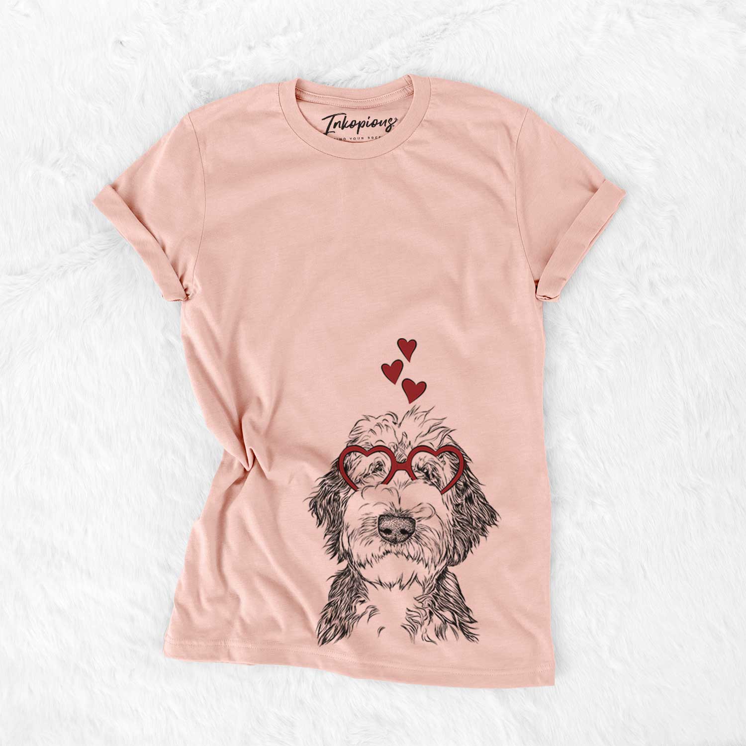 Hand-drawn sketch of Milo Fluff the Sheepadoodle wearing heart-shaped glasses on a Peach Bella Canvas Unisex Crewneck