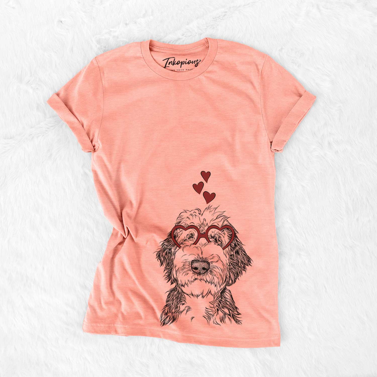 Hand-drawn sketch of Milo Fluff the Sheepadoodle wearing heart-shaped glasses on a Sunset Bella Canvas Unisex Crewneck