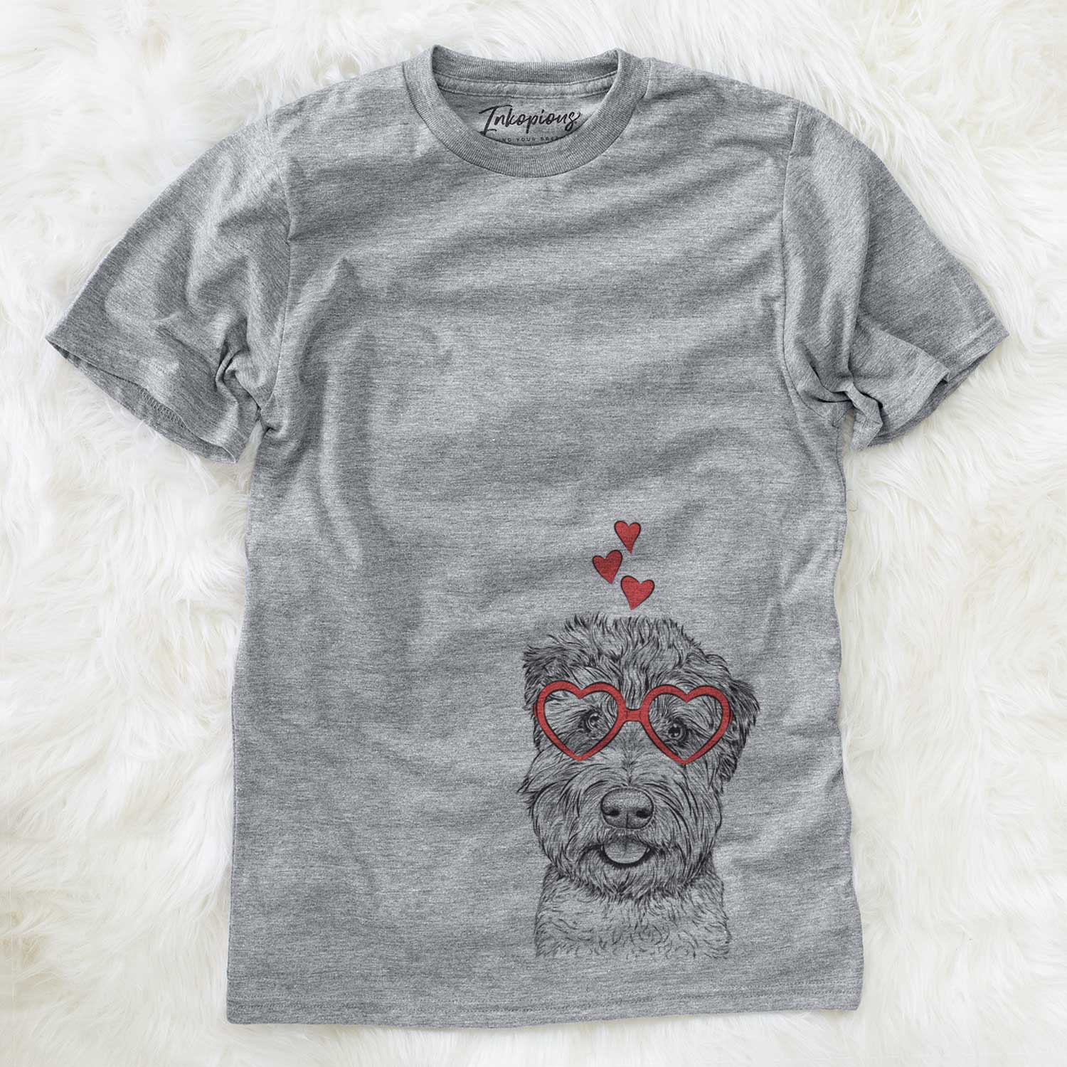 Hand-drawn sketch of Milton the Soft Coated Wheaten Terrier wearing heart-shaped glasses on a Grey Unisex crewneck