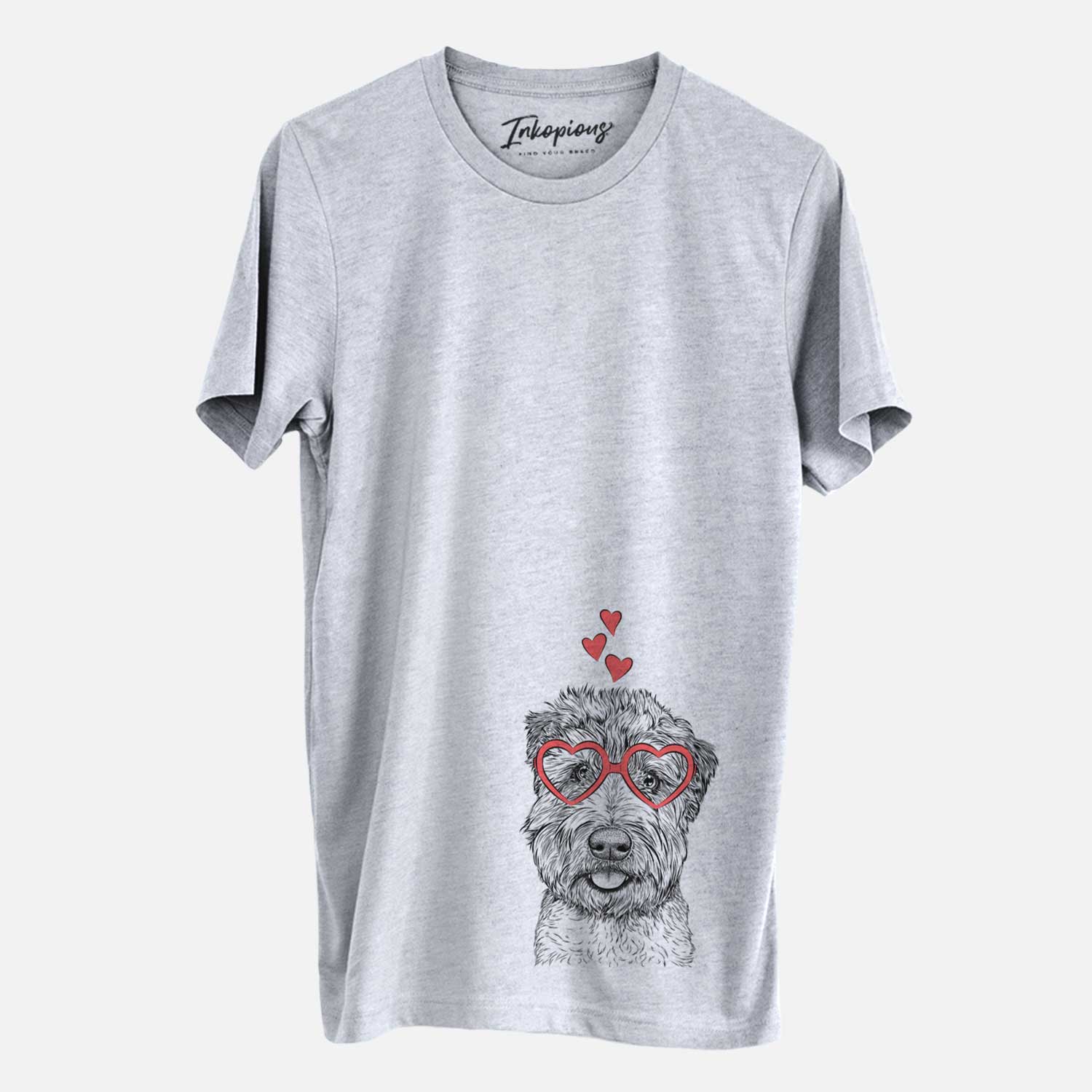 Hand-drawn sketch of Milton the Soft Coated Wheaten Terrier wearing heart-shaped glasses on a Grey Unisex crewneck