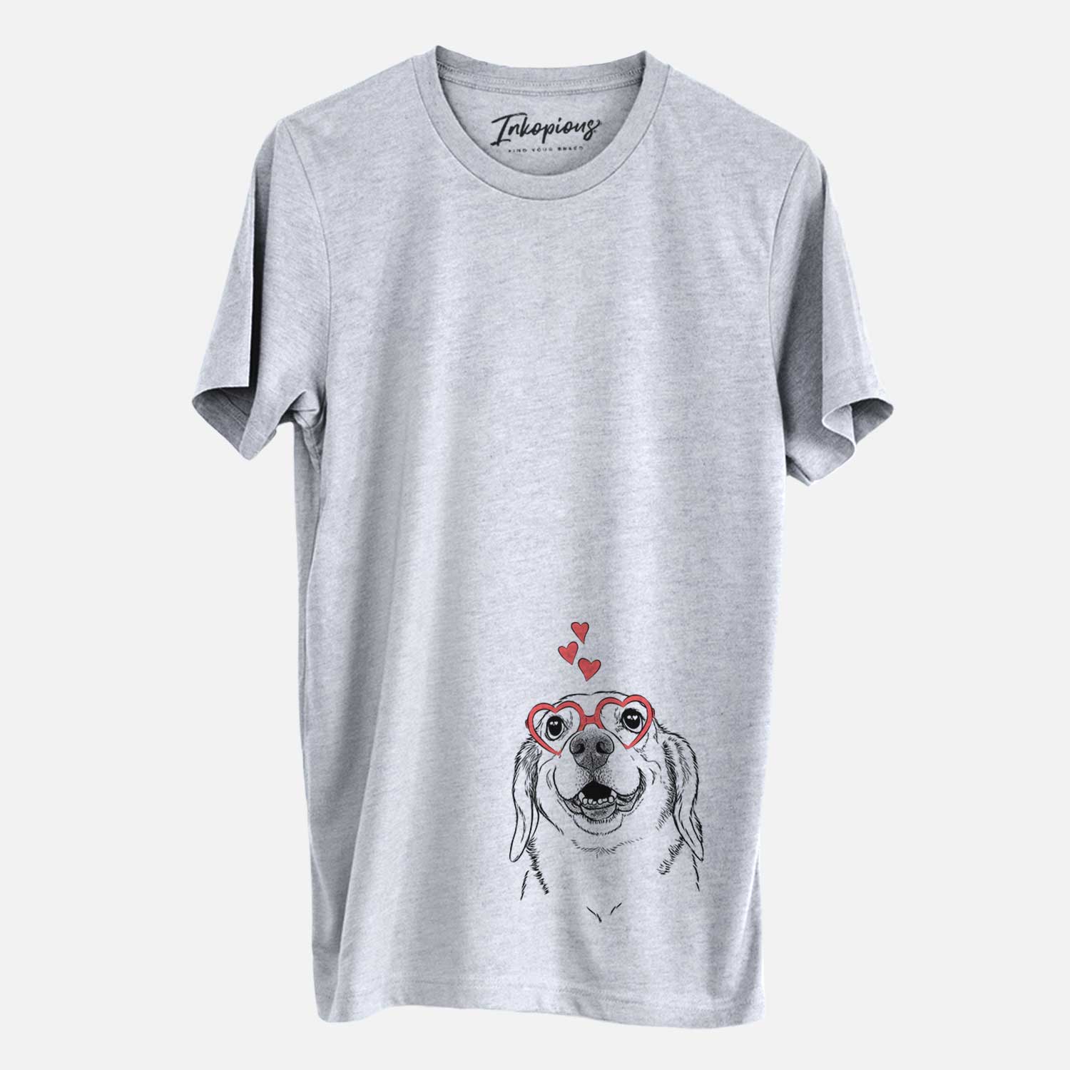 Hand-drawn sketch of Minnie the Corgle wearing heart-shaped glasses on a Grey Unisex crewneck
