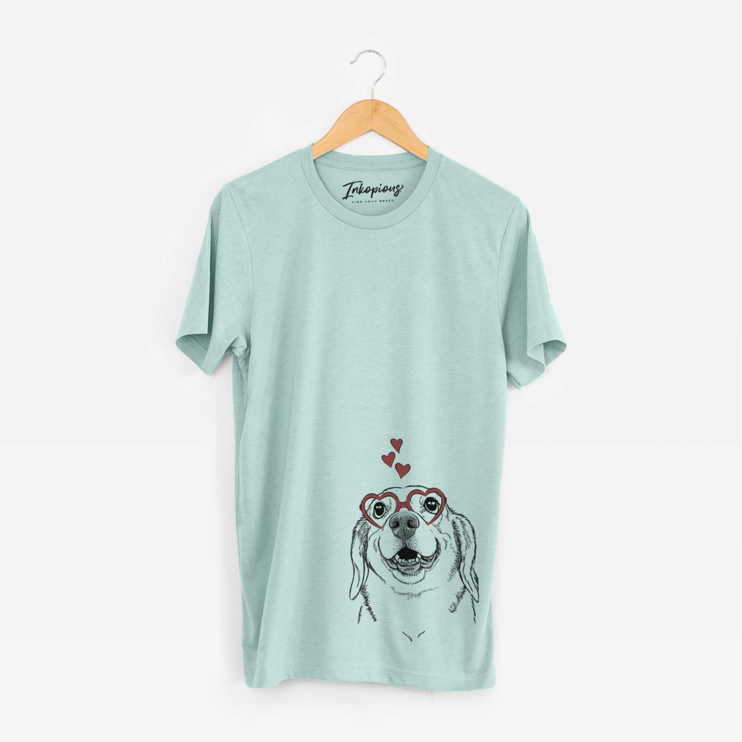 Hand-drawn sketch of Minnie the Corgle wearing heart-shaped glasses on a Heather Sage Unisex crewneck
