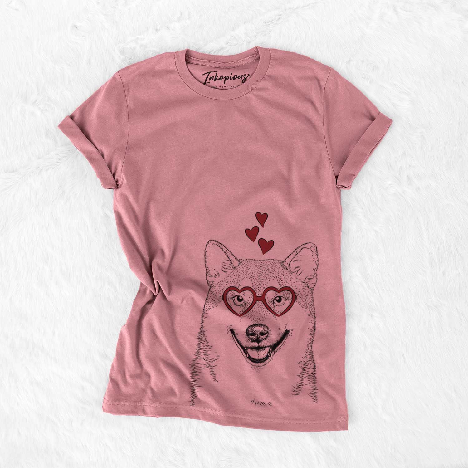 Hand-drawn sketch of Mitsu the Shiba Inu wearing heart-shaped glasses on a Mauve Bella Canvas Unisex Crewneck