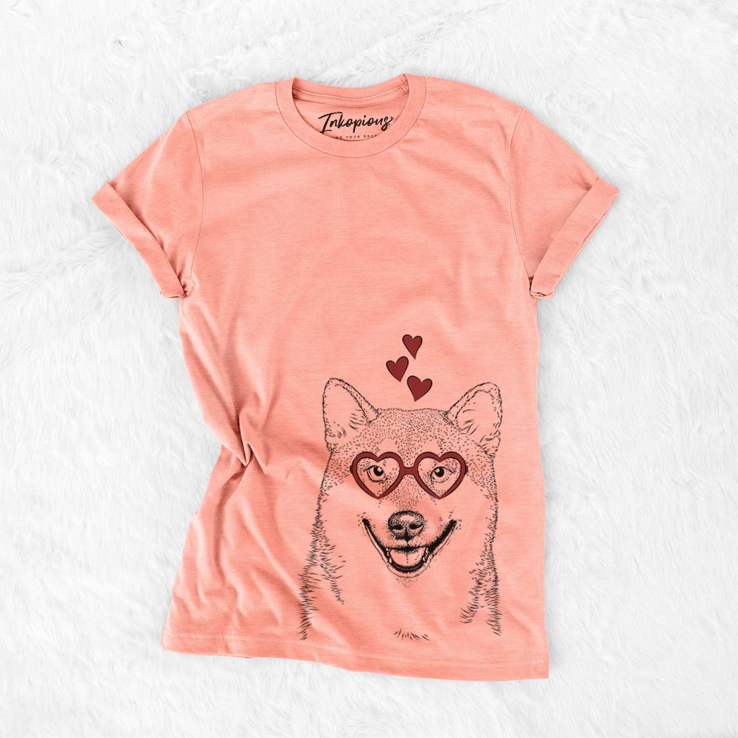 Hand-drawn sketch of Mitsu the Shiba Inu wearing heart-shaped glasses on a Sunset Bella Canvas Unisex Crewneck