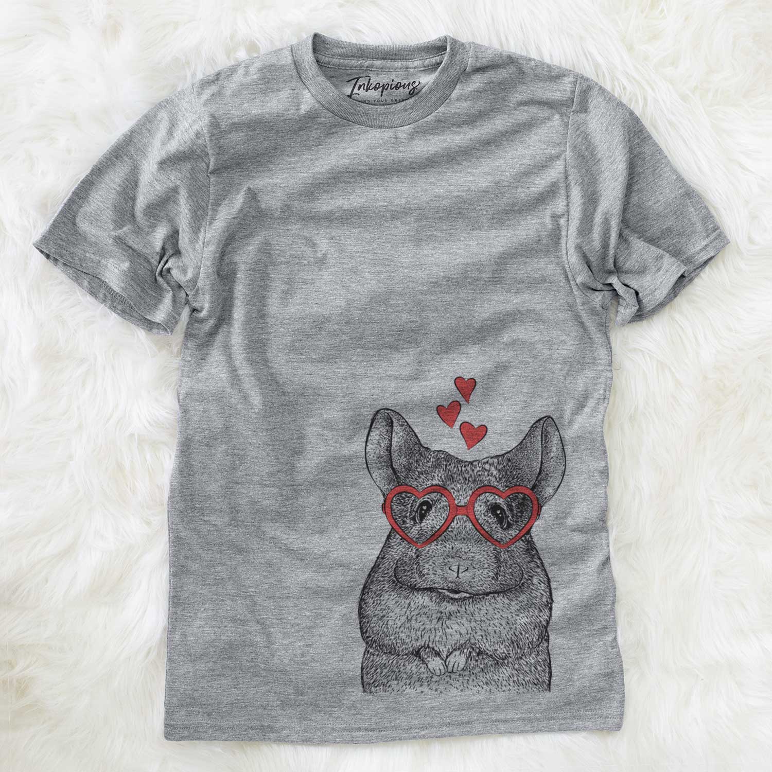 Hand-drawn sketch of Mojo the Chinchilla wearing heart-shaped glasses on a Grey Unisex crewneck