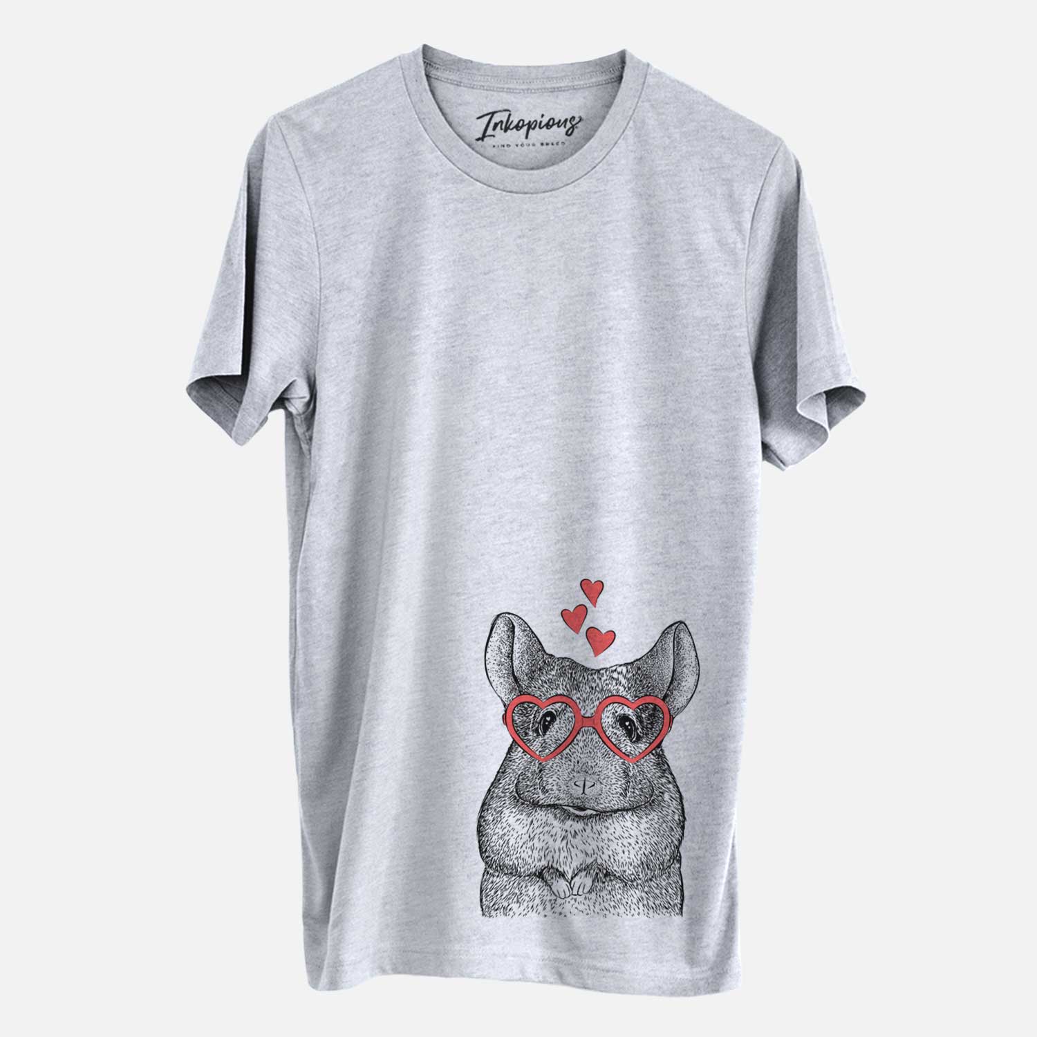 Hand-drawn sketch of Mojo the Chinchilla wearing heart-shaped glasses on a Grey Unisex crewneck