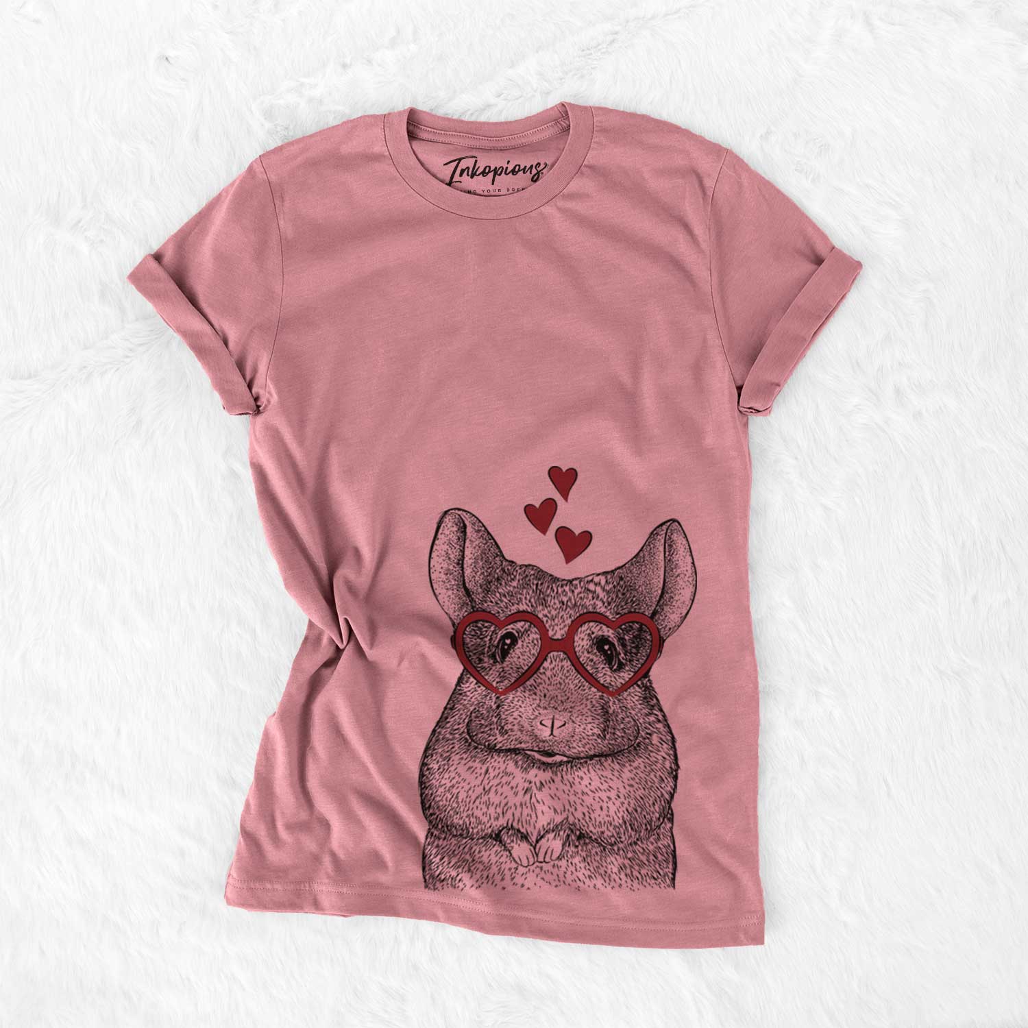 Hand-drawn sketch of Mojo the Chinchilla wearing heart-shaped glasses on a Mauve Bella Canvas Unisex Crewneck