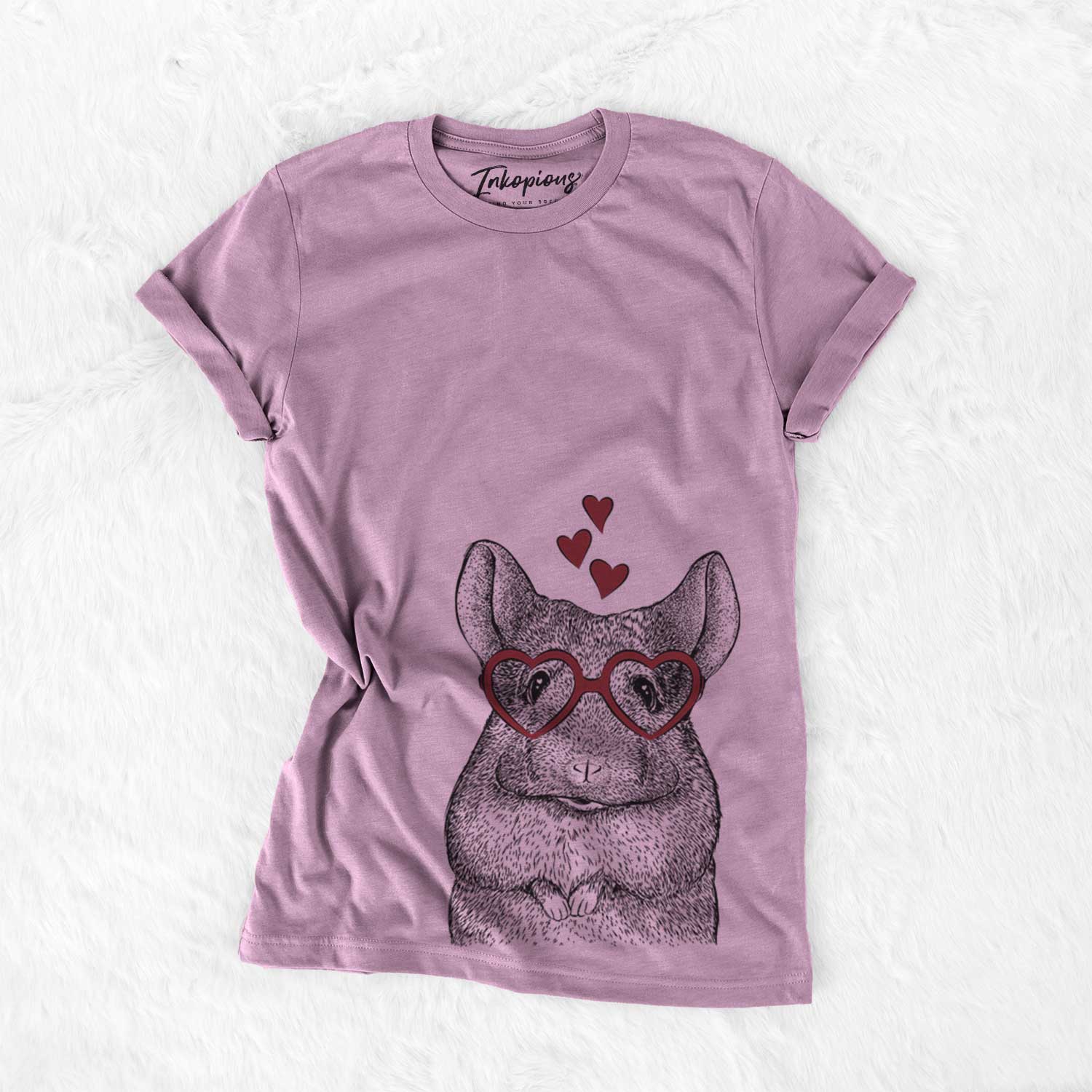 Hand-drawn sketch of Mojo the Chinchilla wearing heart-shaped glasses on an Orchid Bella Canvas Unisex Crewneck