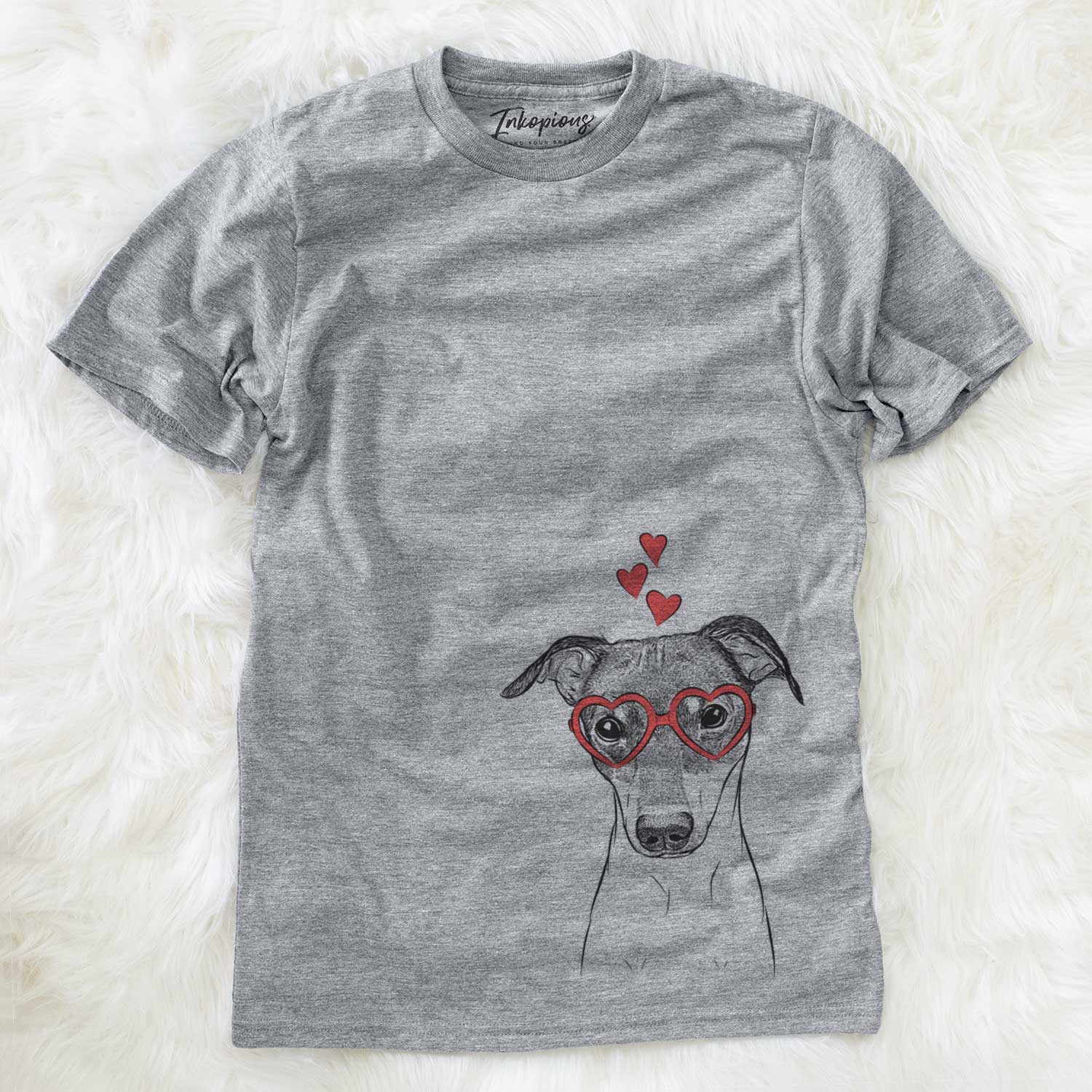 Hand-drawn sketch of Momo the Japanese Terrier wearing heart-shaped glasses on a Grey Unisex crewneck