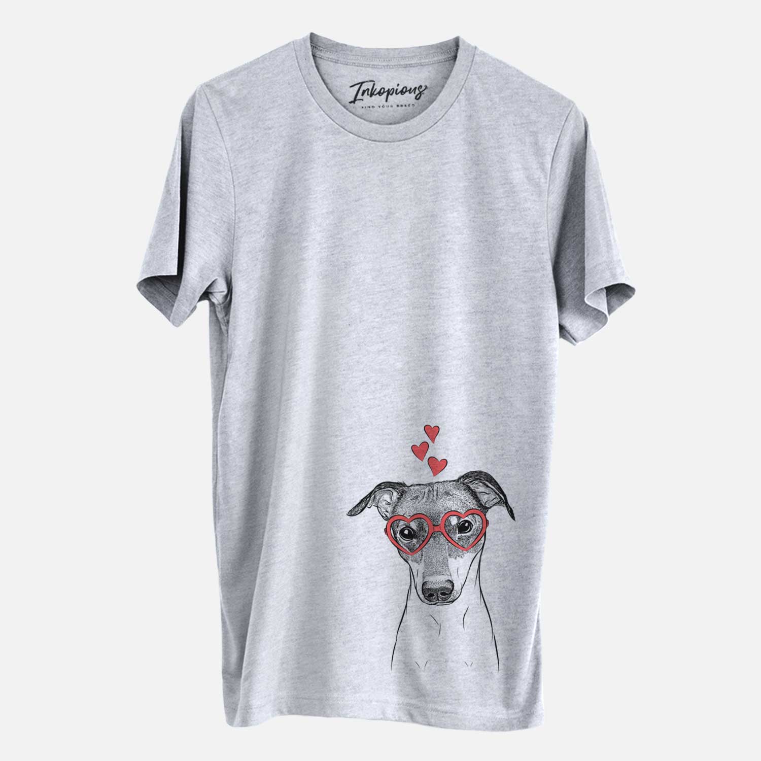 Hand-drawn sketch of Momo the Japanese Terrier wearing heart-shaped glasses on a Grey Unisex crewneck