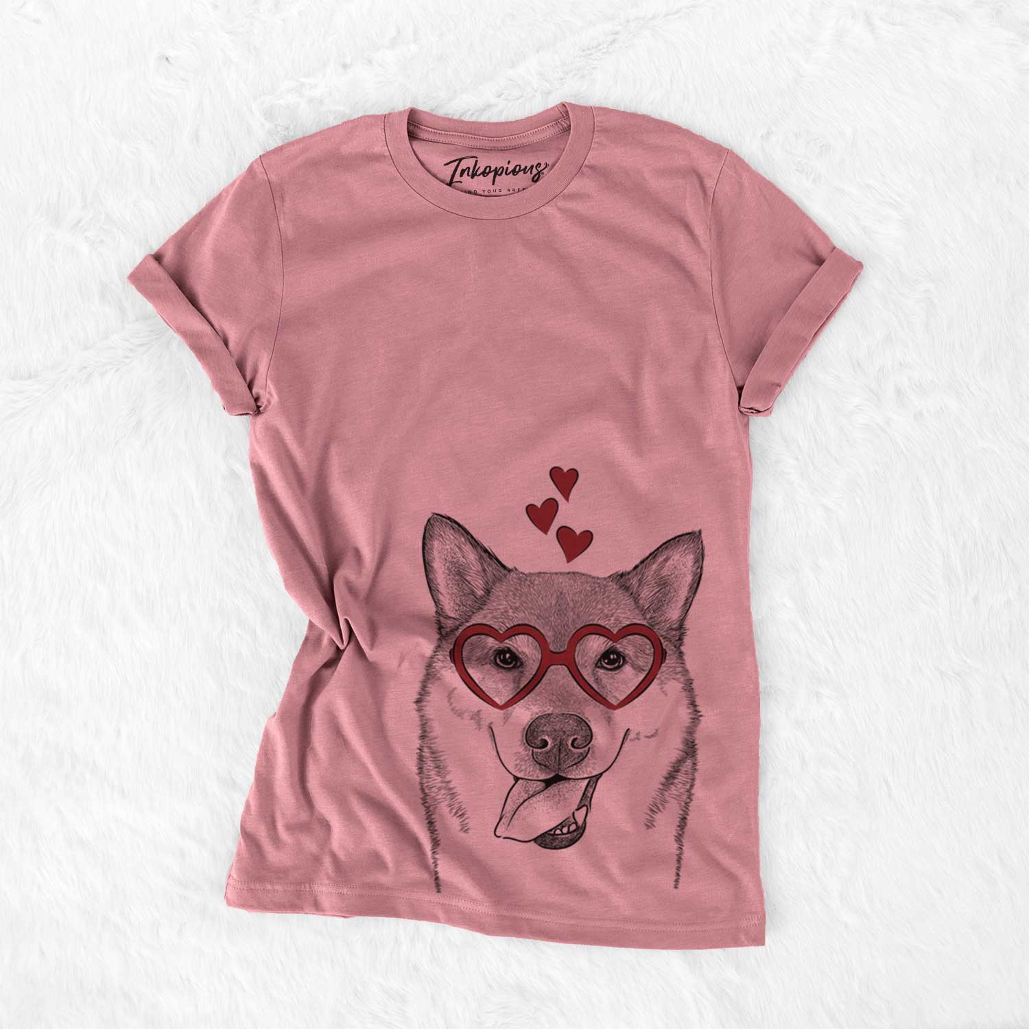 Hand-drawn sketch of Mothra the Shiba Inu wearing heart-shaped glasses on a Mauve Bella Canvas Unisex Crewneck