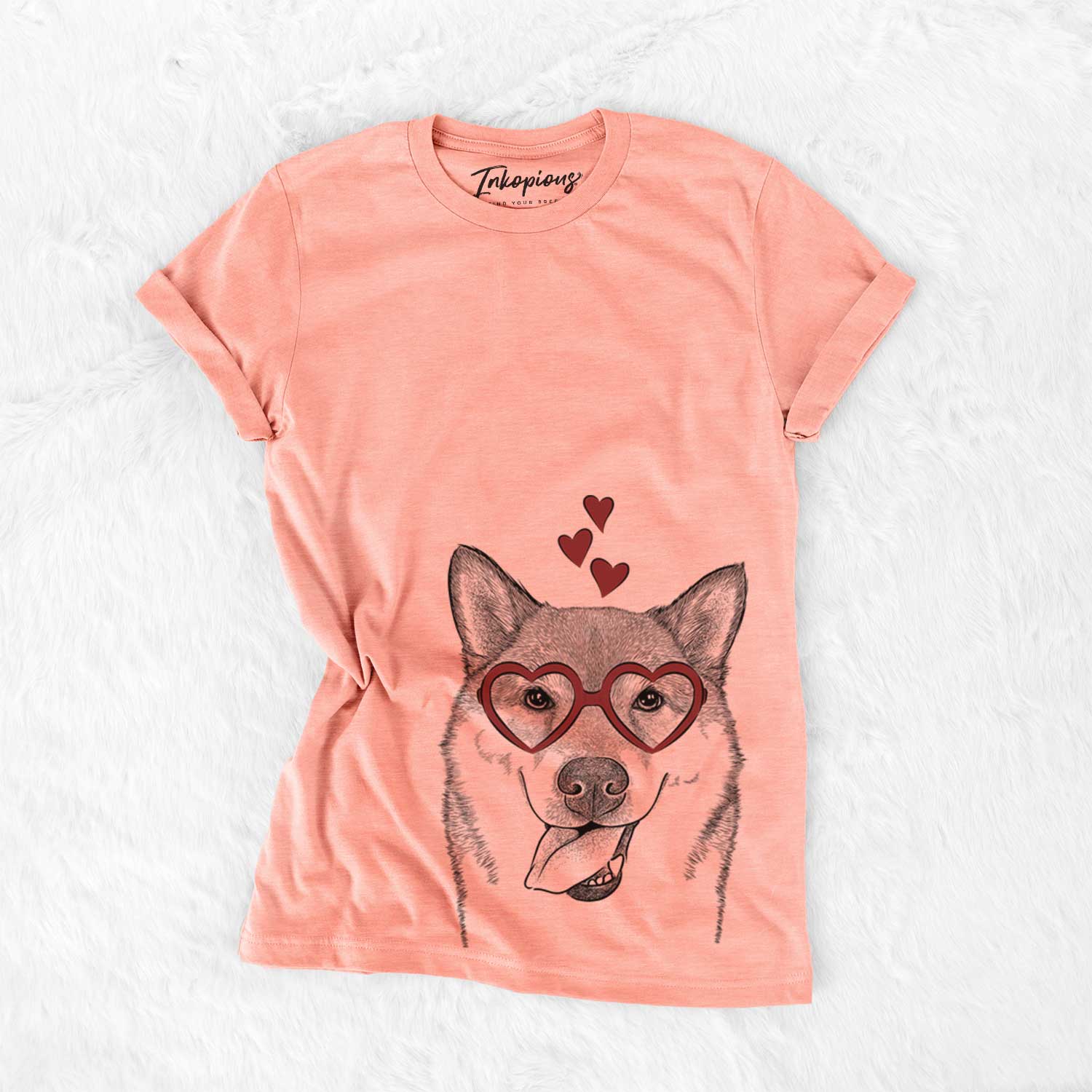 Hand-drawn sketch of Mothra the Shiba Inu wearing heart-shaped glasses on a Sunset Bella Canvas Unisex Crewneck