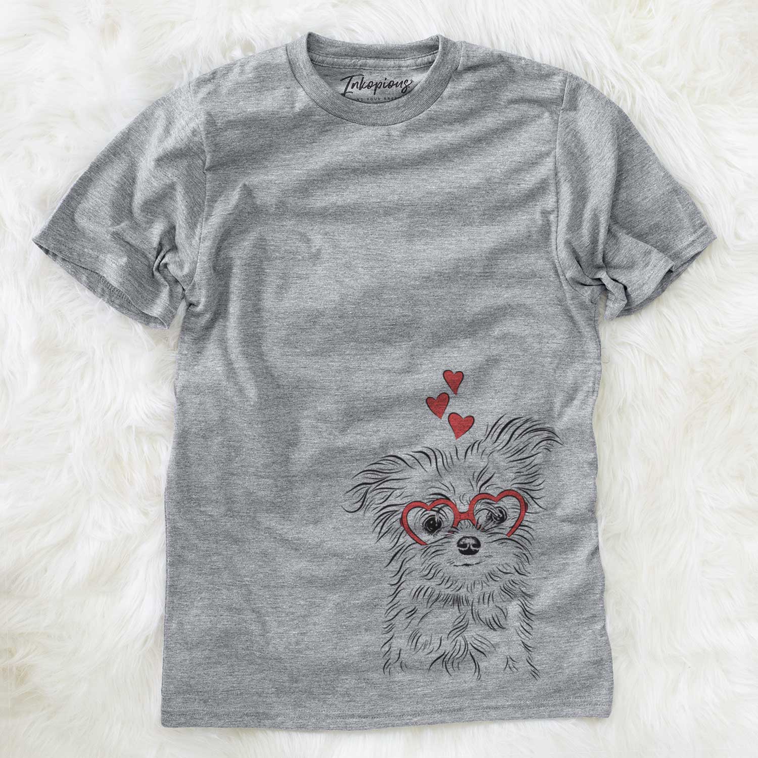 Hand-drawn sketch of Mr. Gucci Poochi the Maltese wearing heart-shaped glasses on a Grey Unisex crewneck
