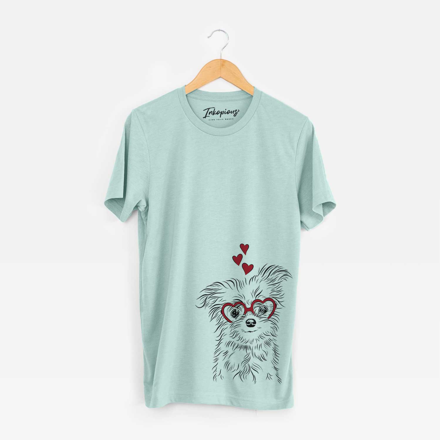 Hand-drawn sketch of Mr. Gucci Poochie the Maltese wearing heart-shaped glasses on a Heather Sage Bella Canvas Unisex Crewneck